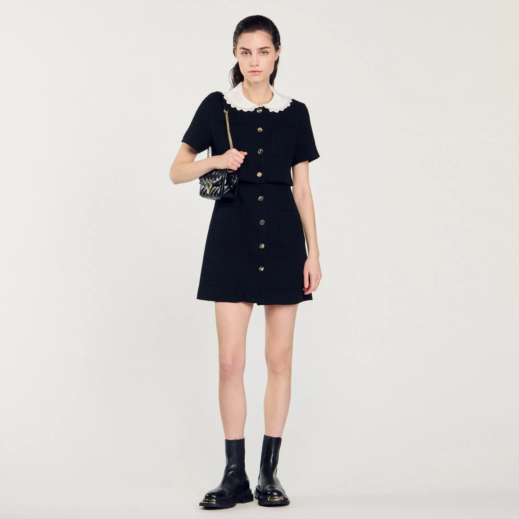 Shop SANDRO Robe Courte En Tweed Noir