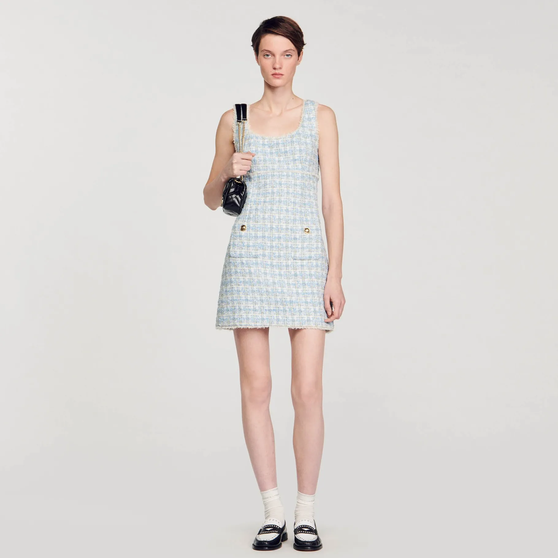 Online SANDRO Robe Courte En Tweed Bleu / Argent