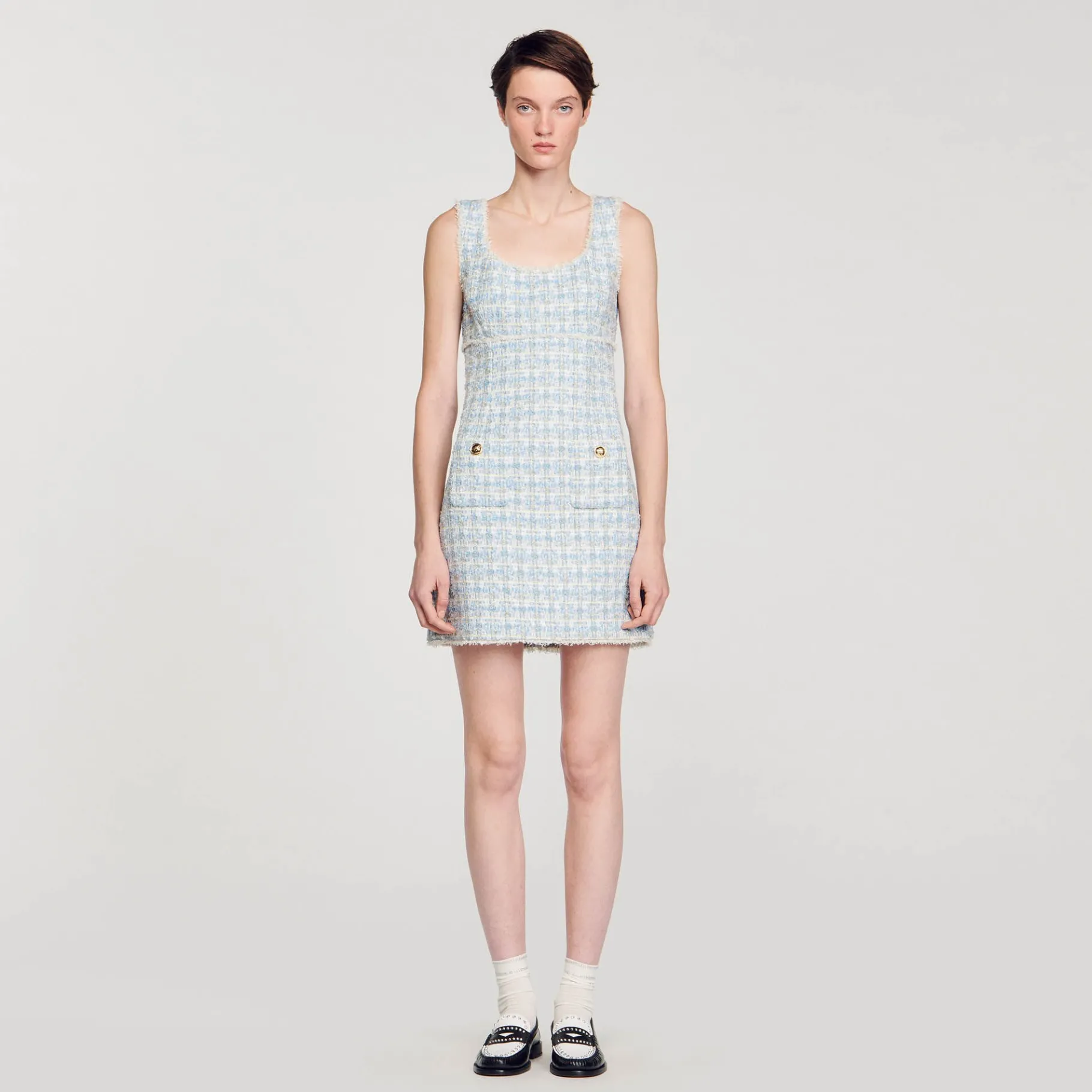Online SANDRO Robe Courte En Tweed Bleu / Argent