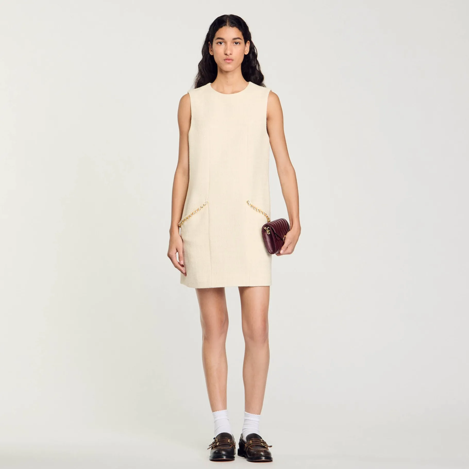 Shop SANDRO Robe Courte En Tweed à Détails Strass Ecru
