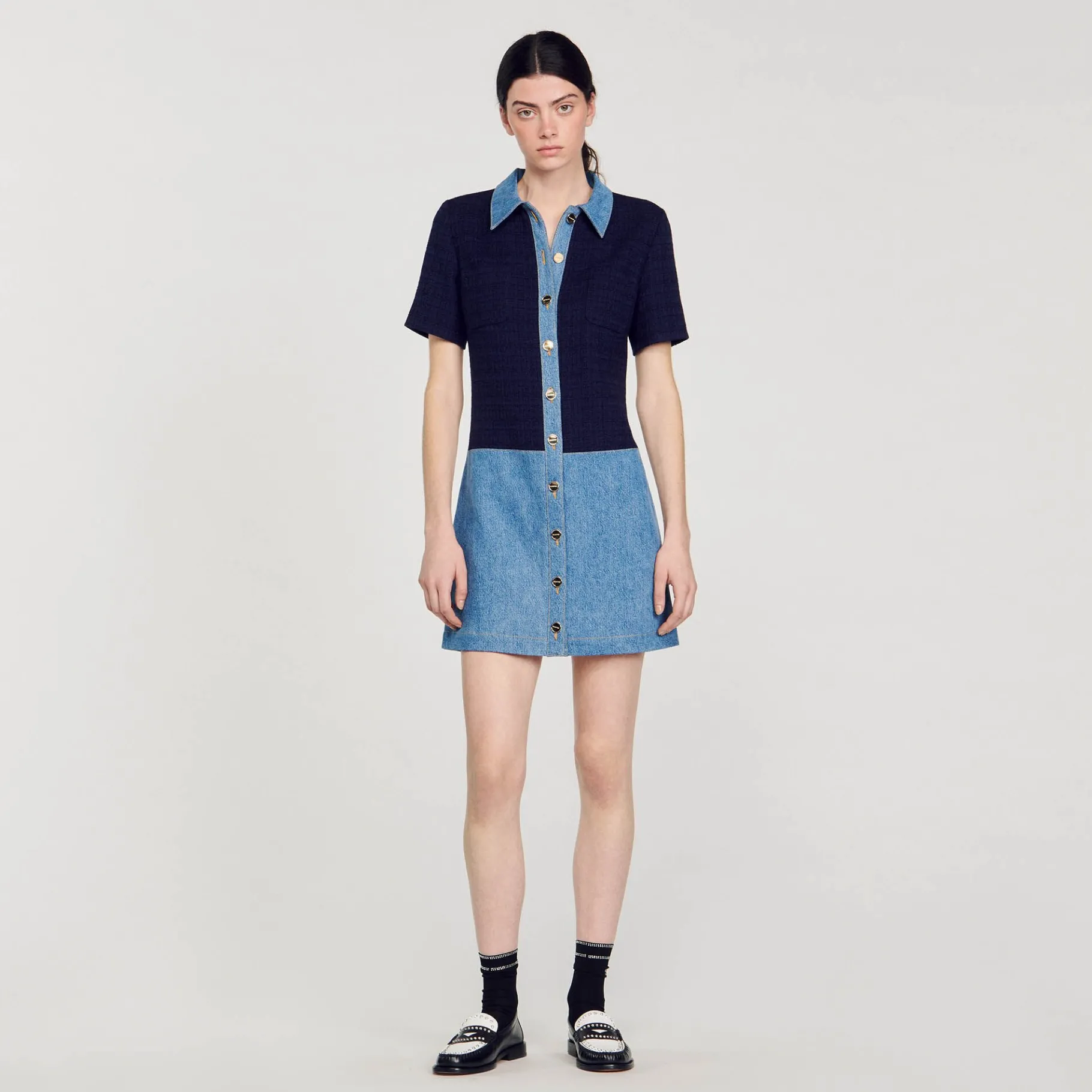 Shop SANDRO Robe Courte En Tweed Et Denim Bleu