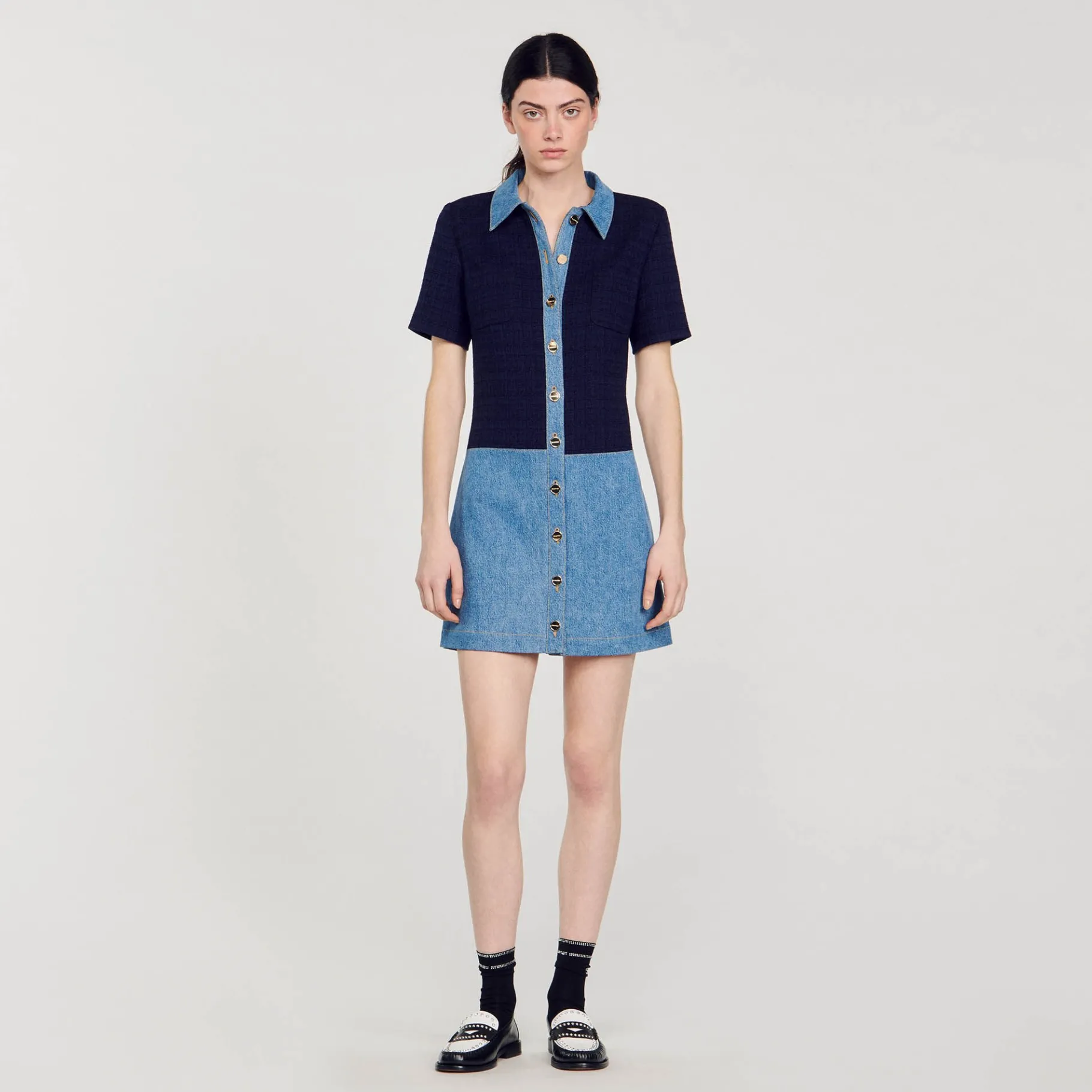 Shop SANDRO Robe Courte En Tweed Et Denim Bleu