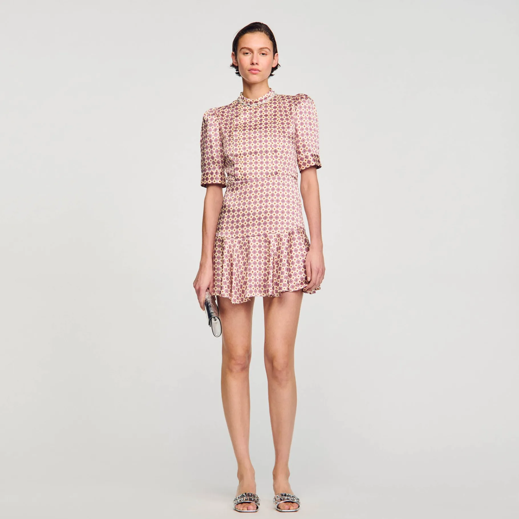 New SANDRO Robe Courte Imprimée Ecru / Rose