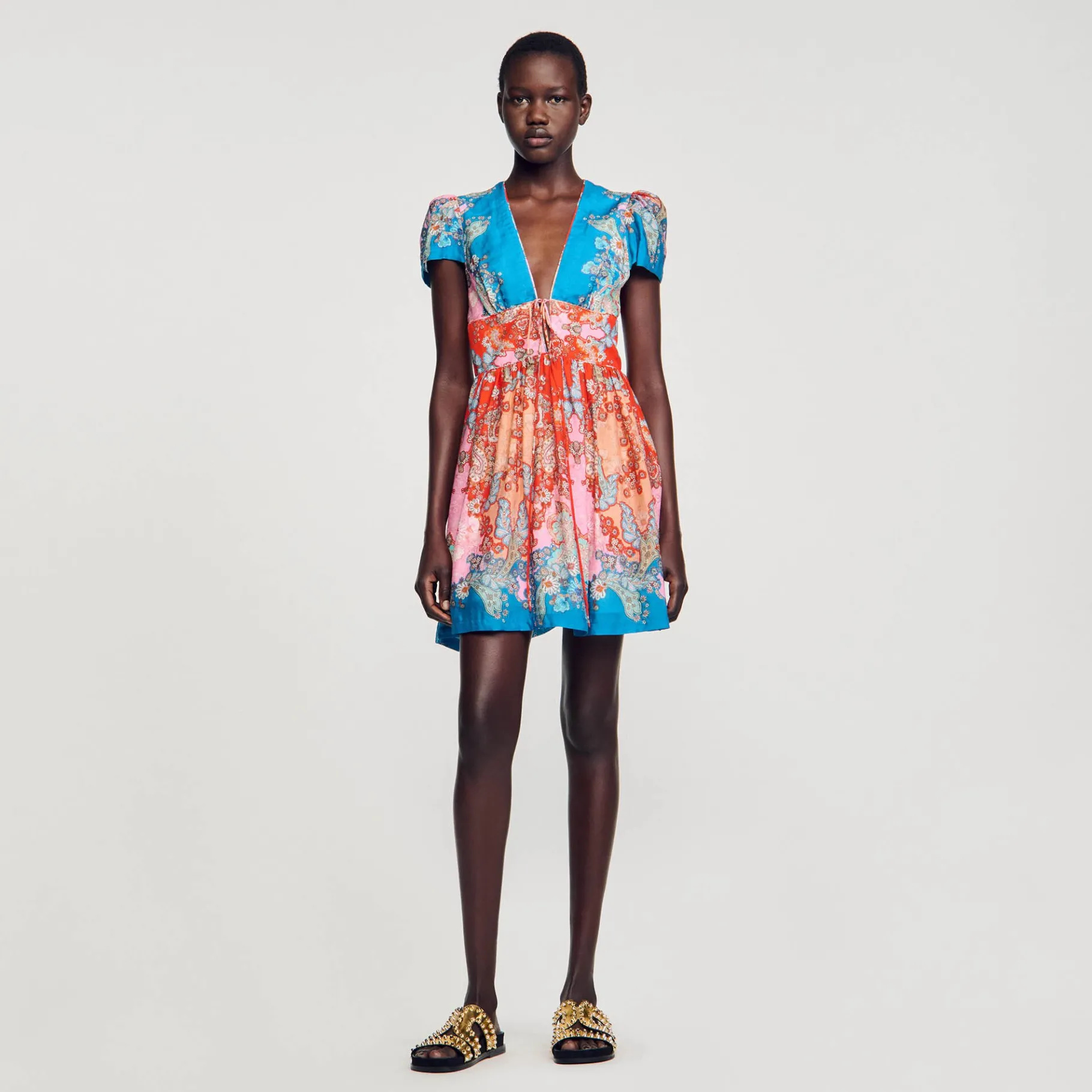 Discount SANDRO Robe Courte Imprimée Rouge / Bleu
