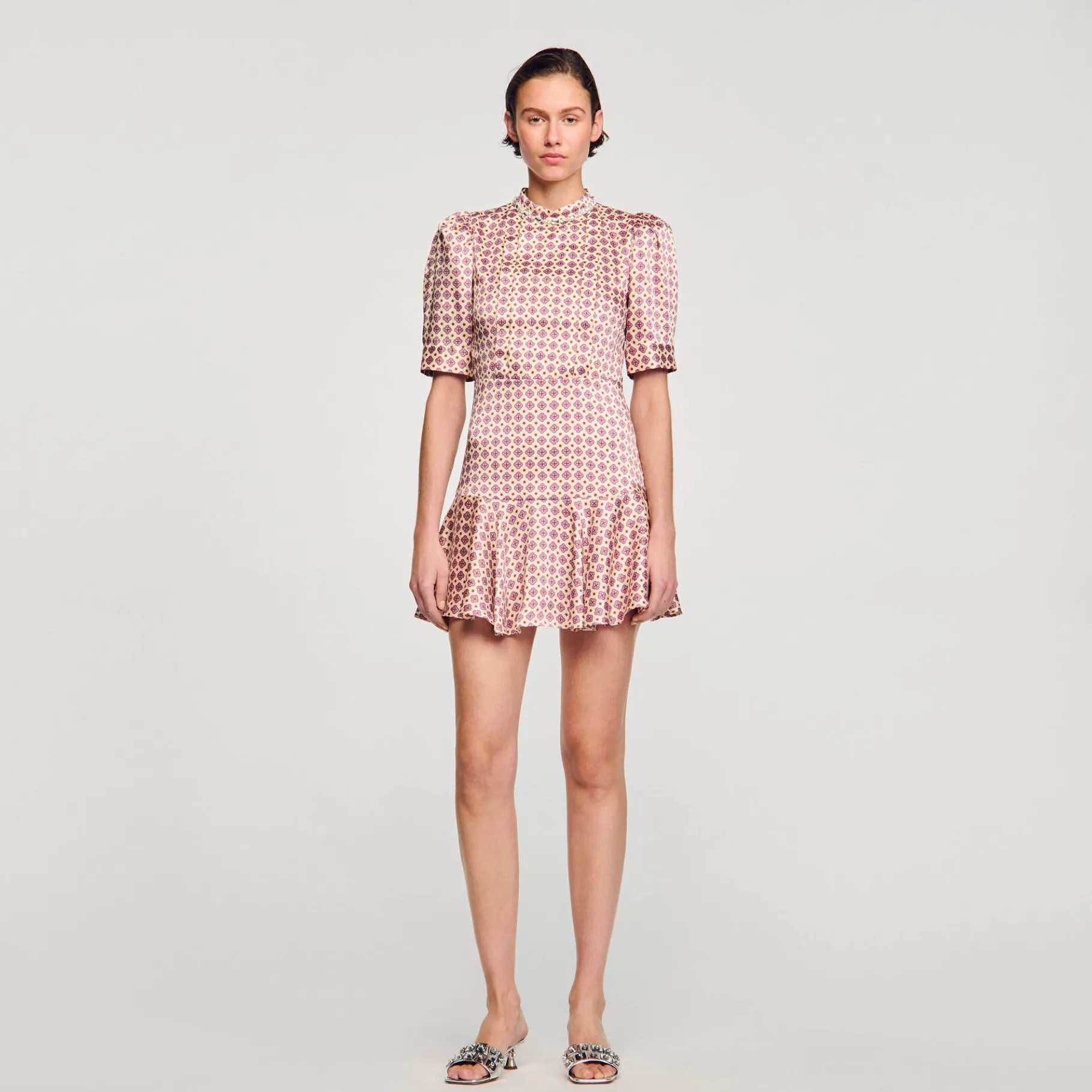 New SANDRO Robe Courte Imprimée Ecru / Rose