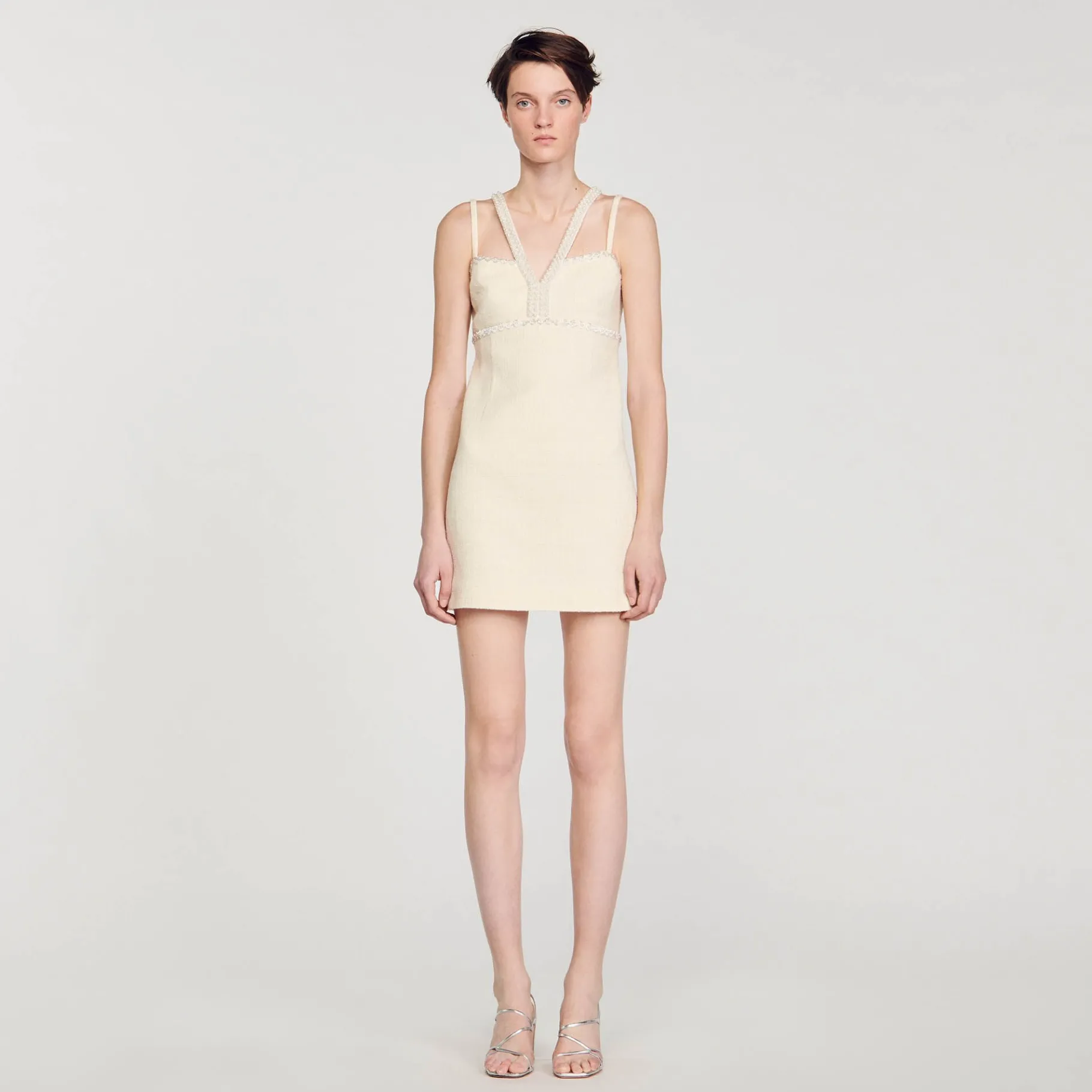 Clearance SANDRO Robe Courte Ornée De Perles Ecru