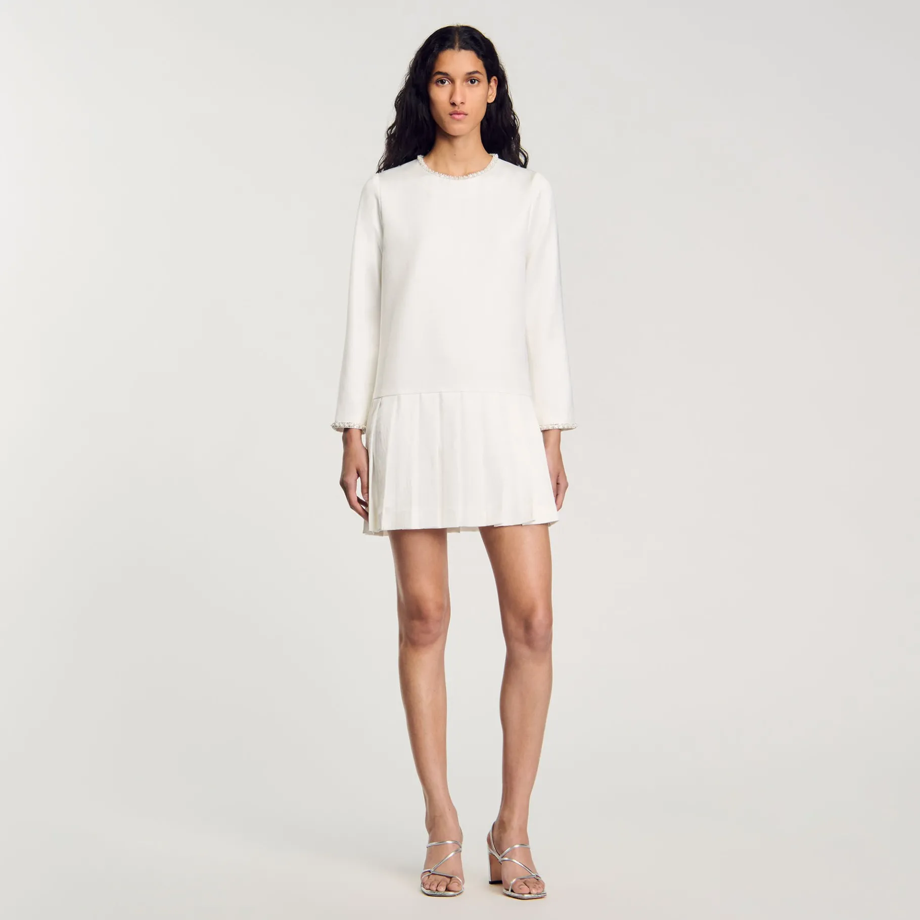 Outlet SANDRO Robe Courte Perlée En Satin Ecru