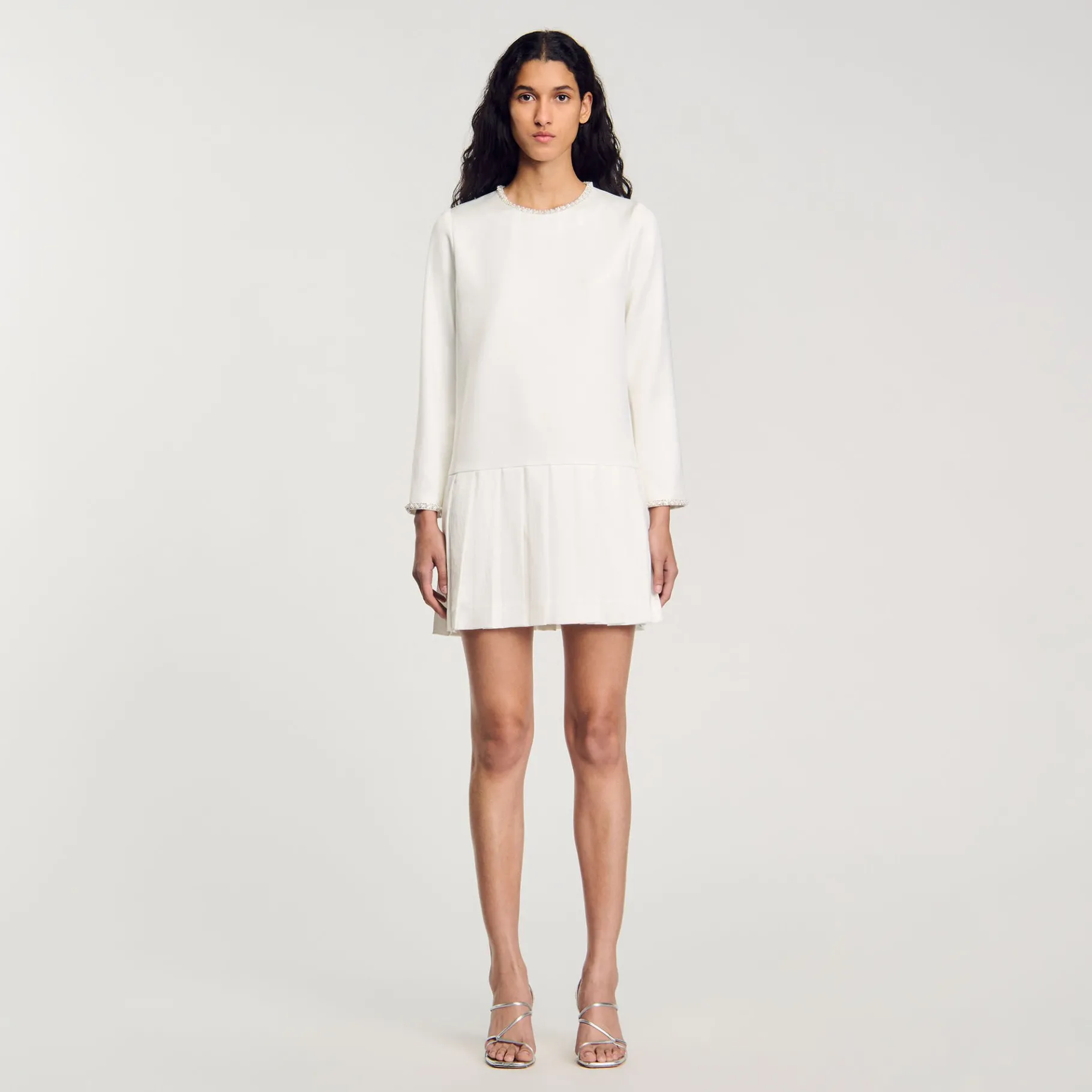 Outlet SANDRO Robe Courte Perlée En Satin Ecru