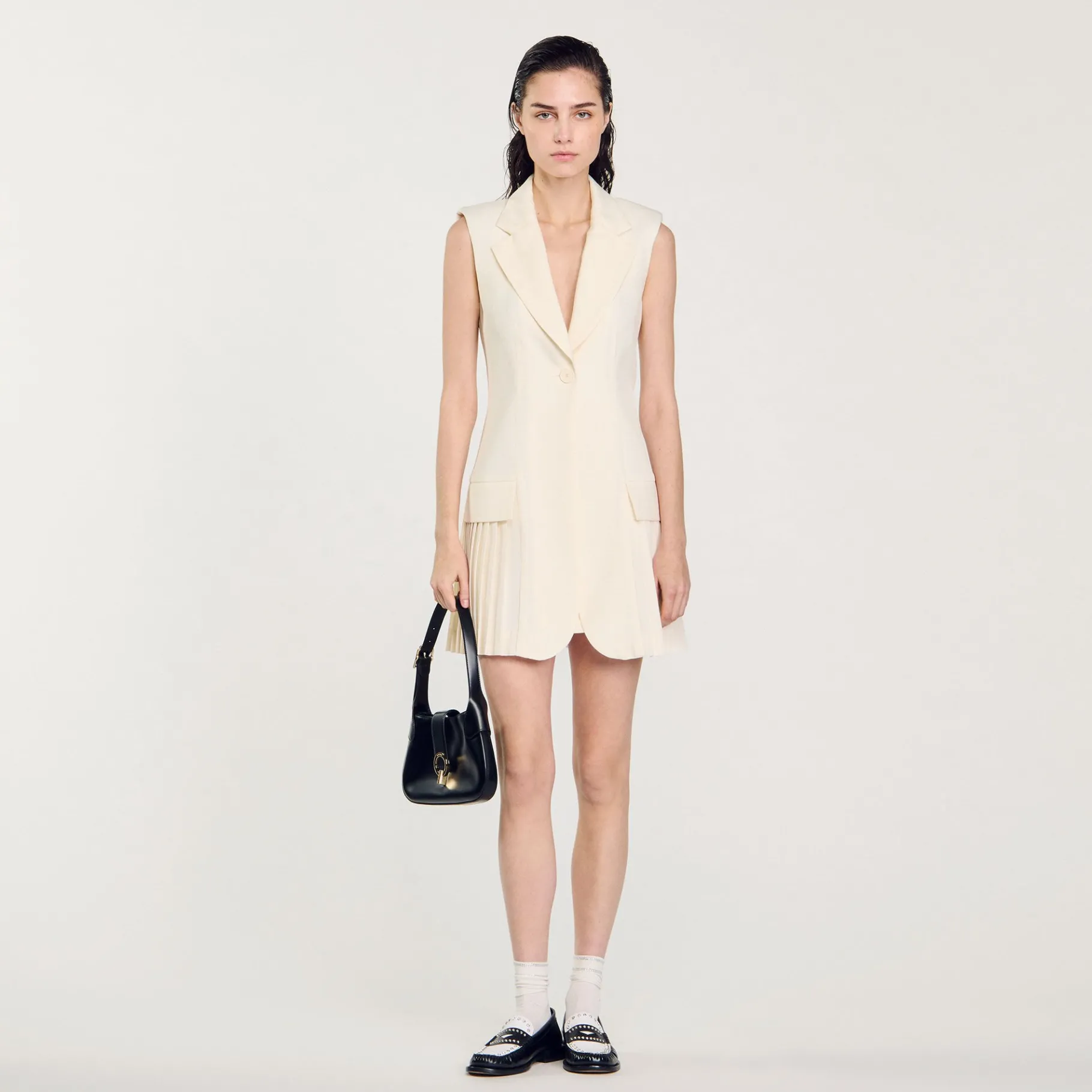 Best Sale SANDRO Robe Courte Tailleur Plissée Ecru