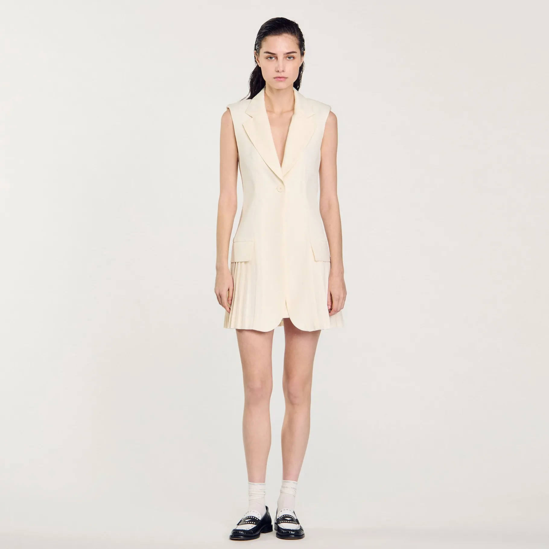 Best Sale SANDRO Robe Courte Tailleur Plissée Ecru