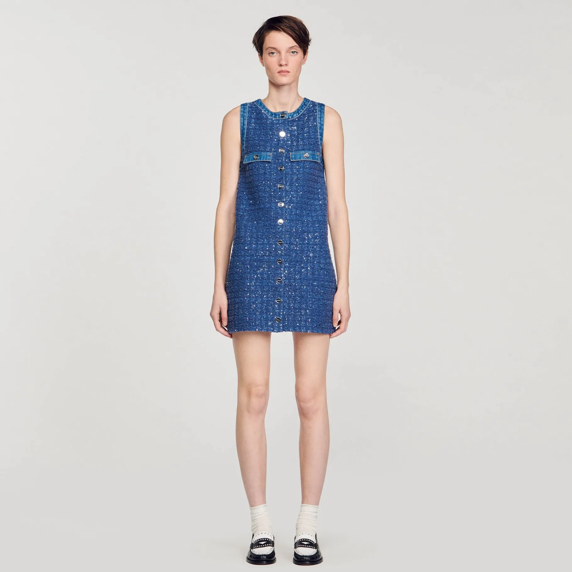 Outlet SANDRO Robe Courte Trapèze En Tweed Bleu