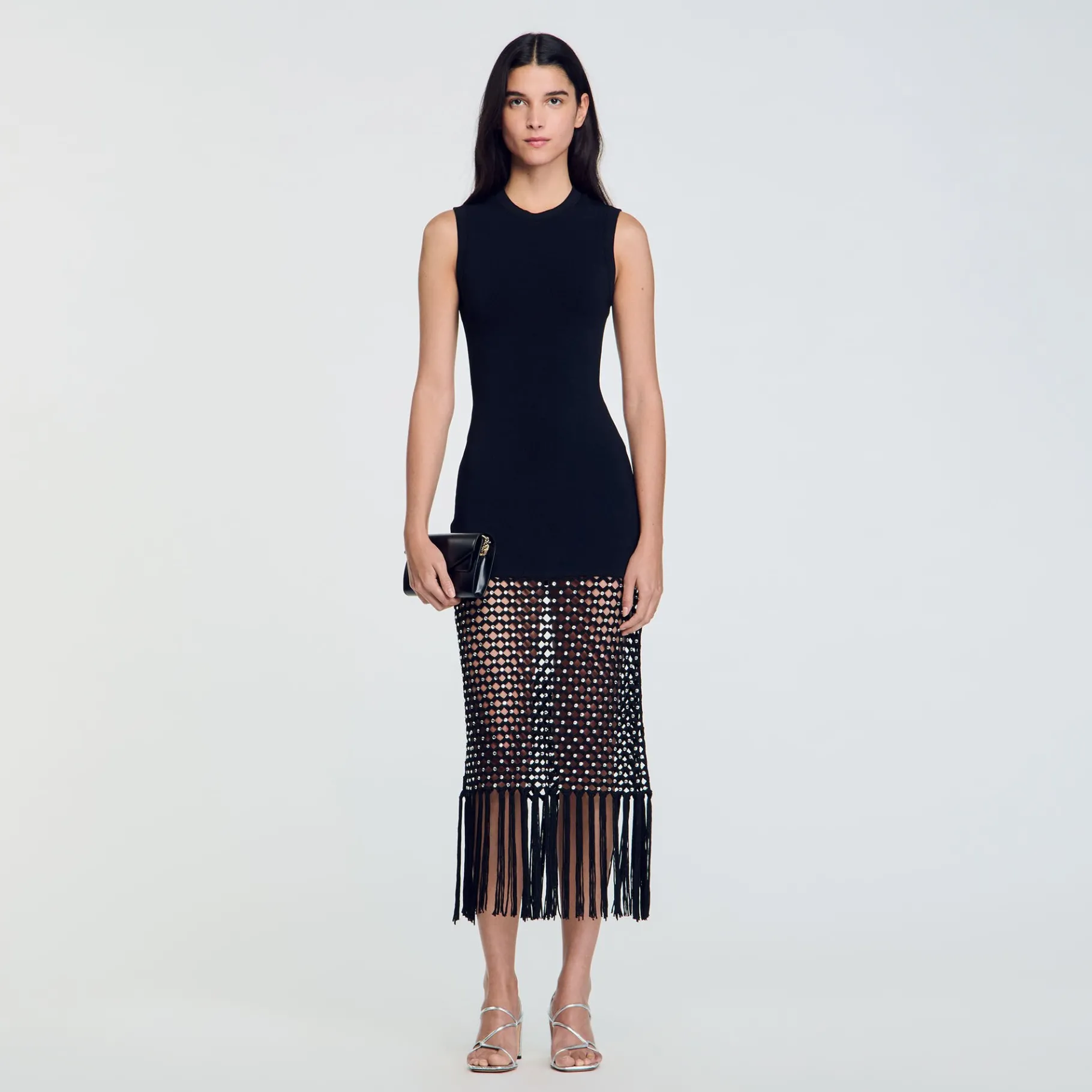 Best Sale SANDRO Robe En Maille à Franges Noir
