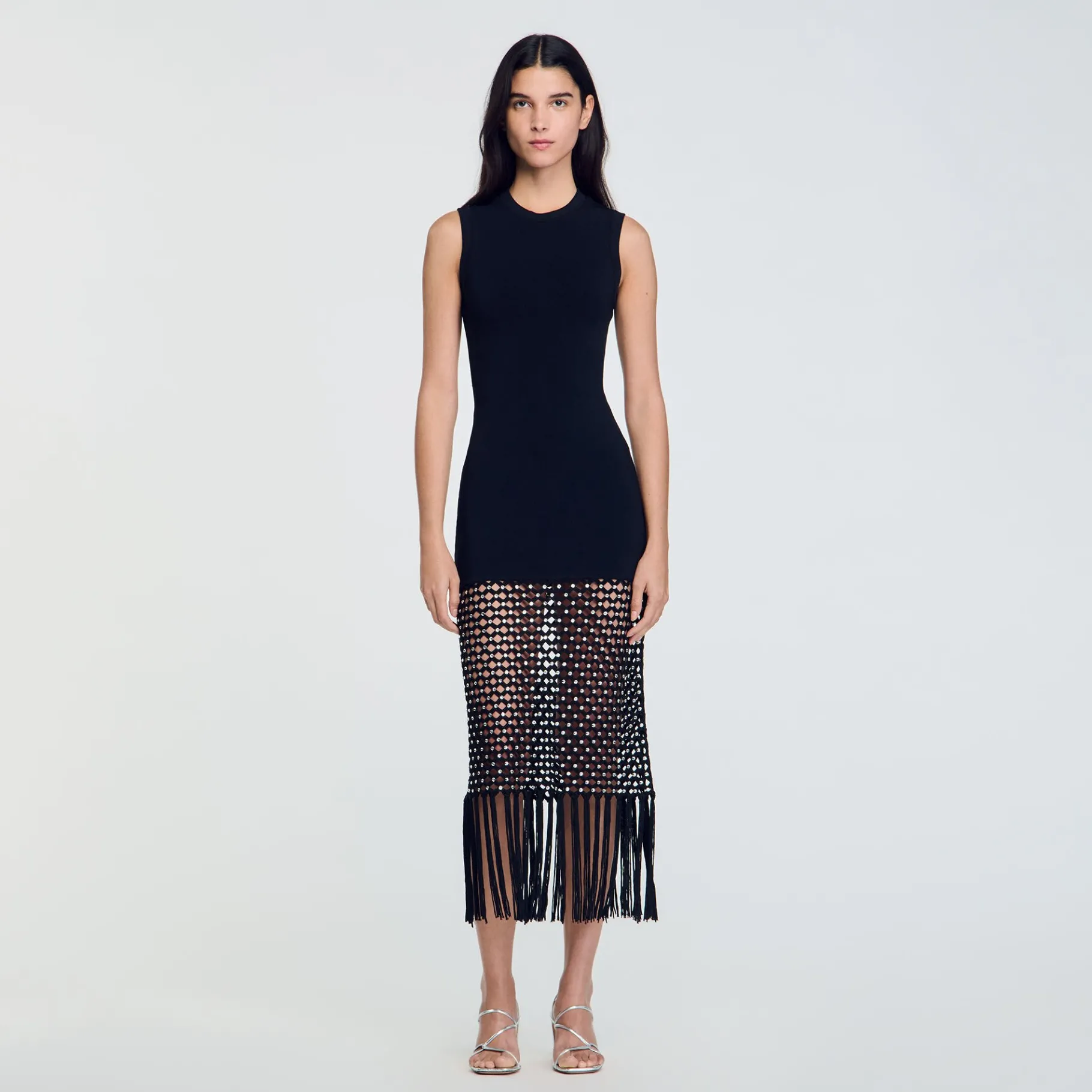 Best Sale SANDRO Robe En Maille à Franges Noir