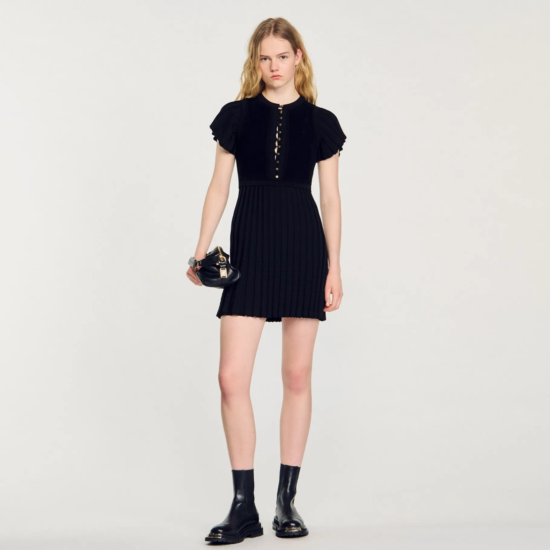 Fashion SANDRO Robe En Maille Plissée Noir