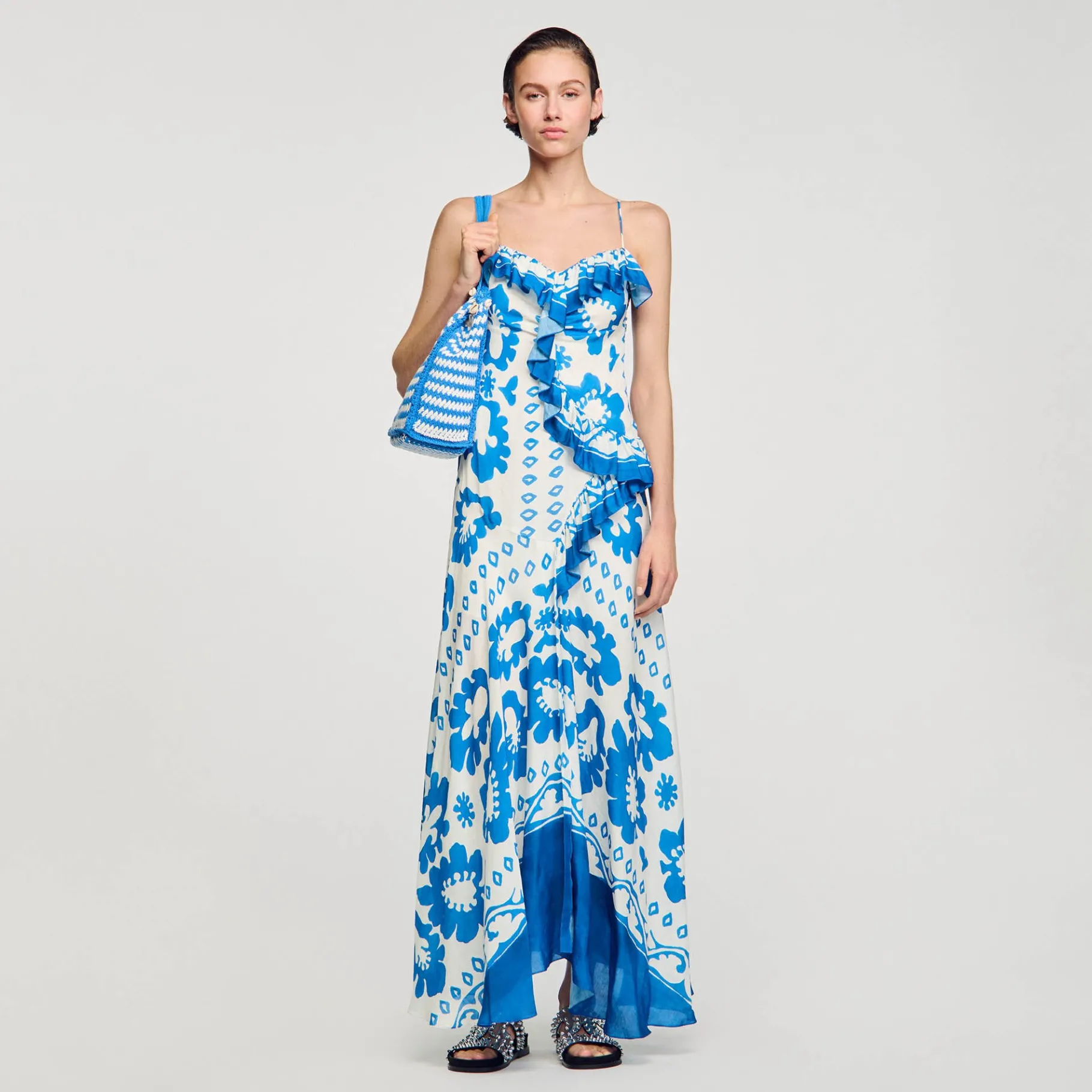New SANDRO Robe Imprimée à Volants Bleu / Blanc