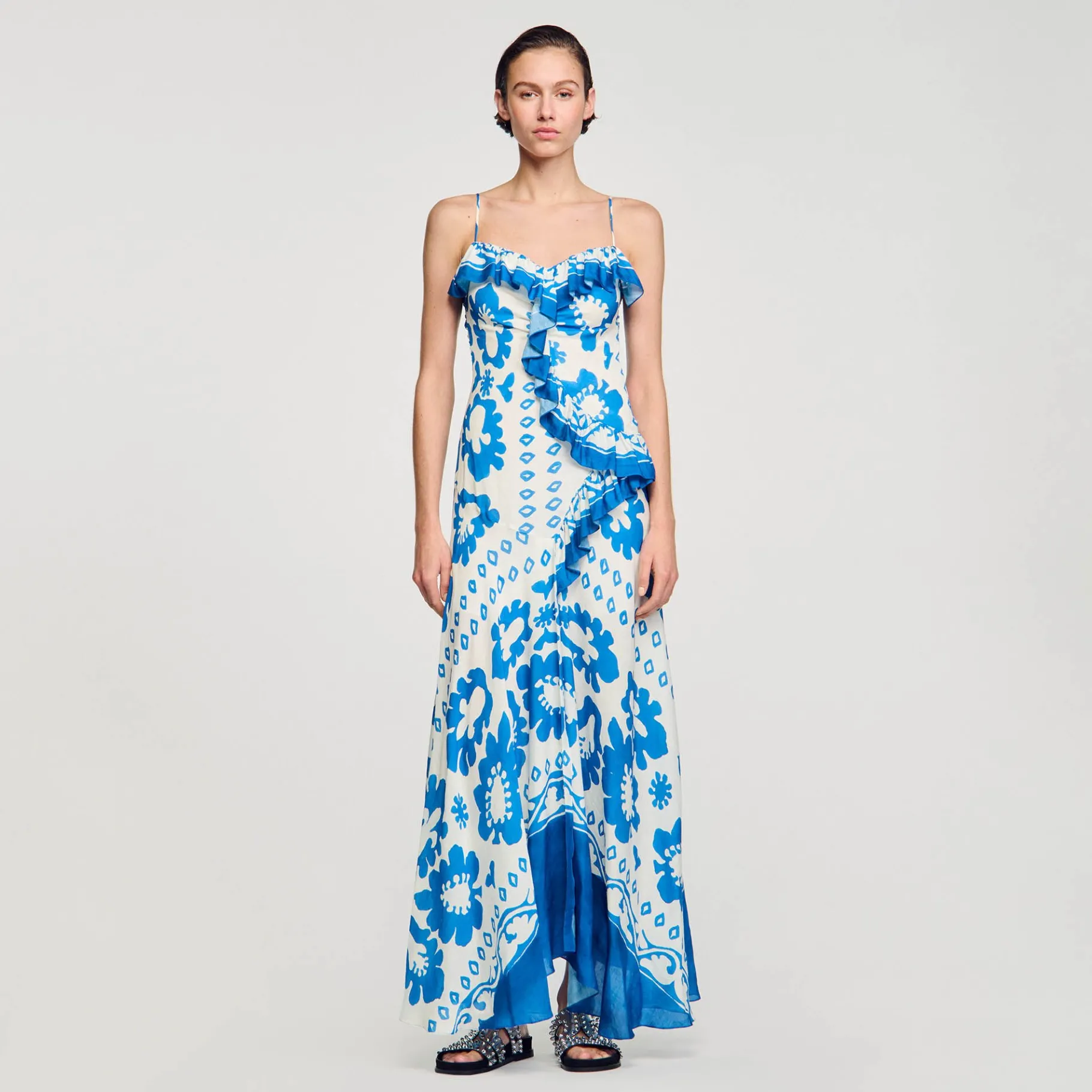 New SANDRO Robe Imprimée à Volants Bleu / Blanc