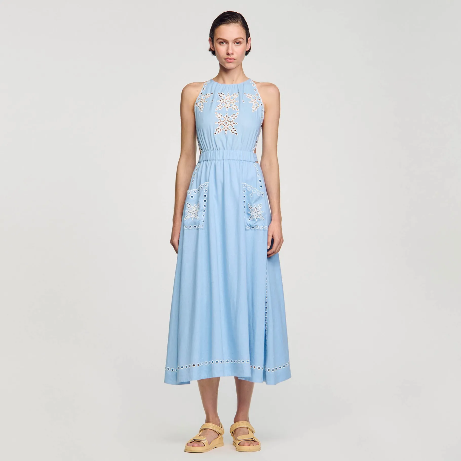 Discount SANDRO Robe Longue à Broderies Anglaises Bleu Ciel