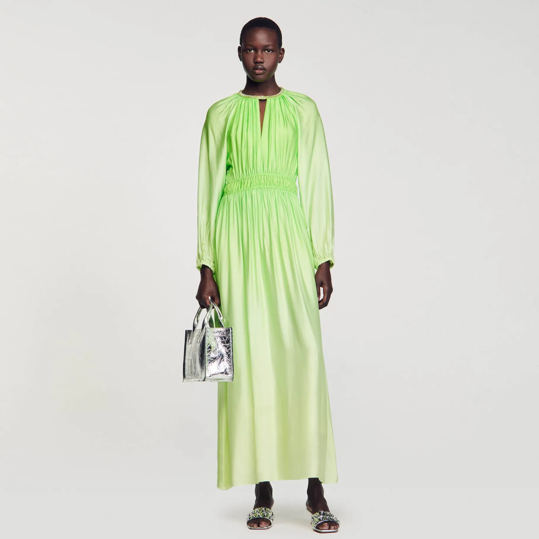 Flash Sale SANDRO Robe Longue à Col Strassé Vert Fluo