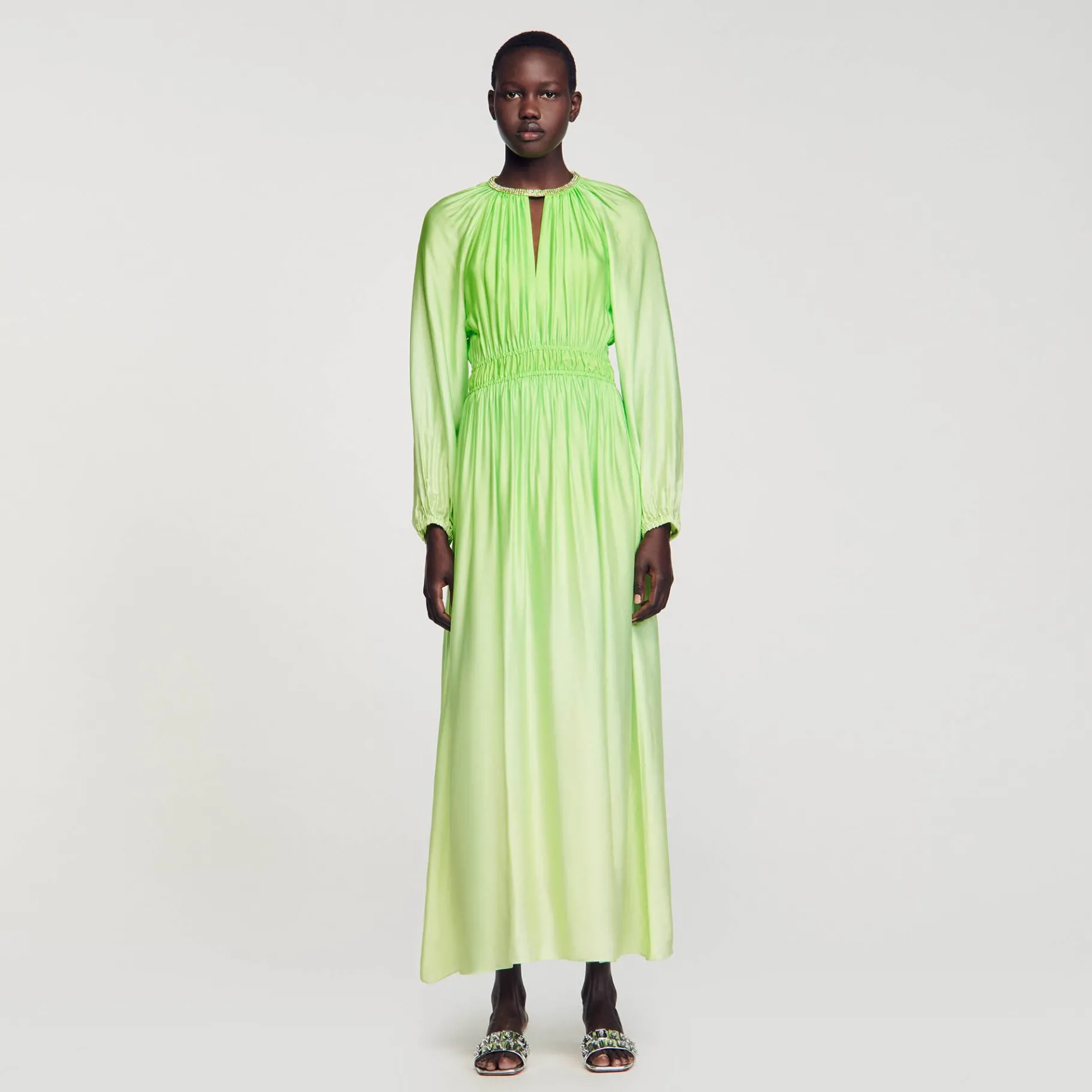 Flash Sale SANDRO Robe Longue à Col Strassé Vert Fluo