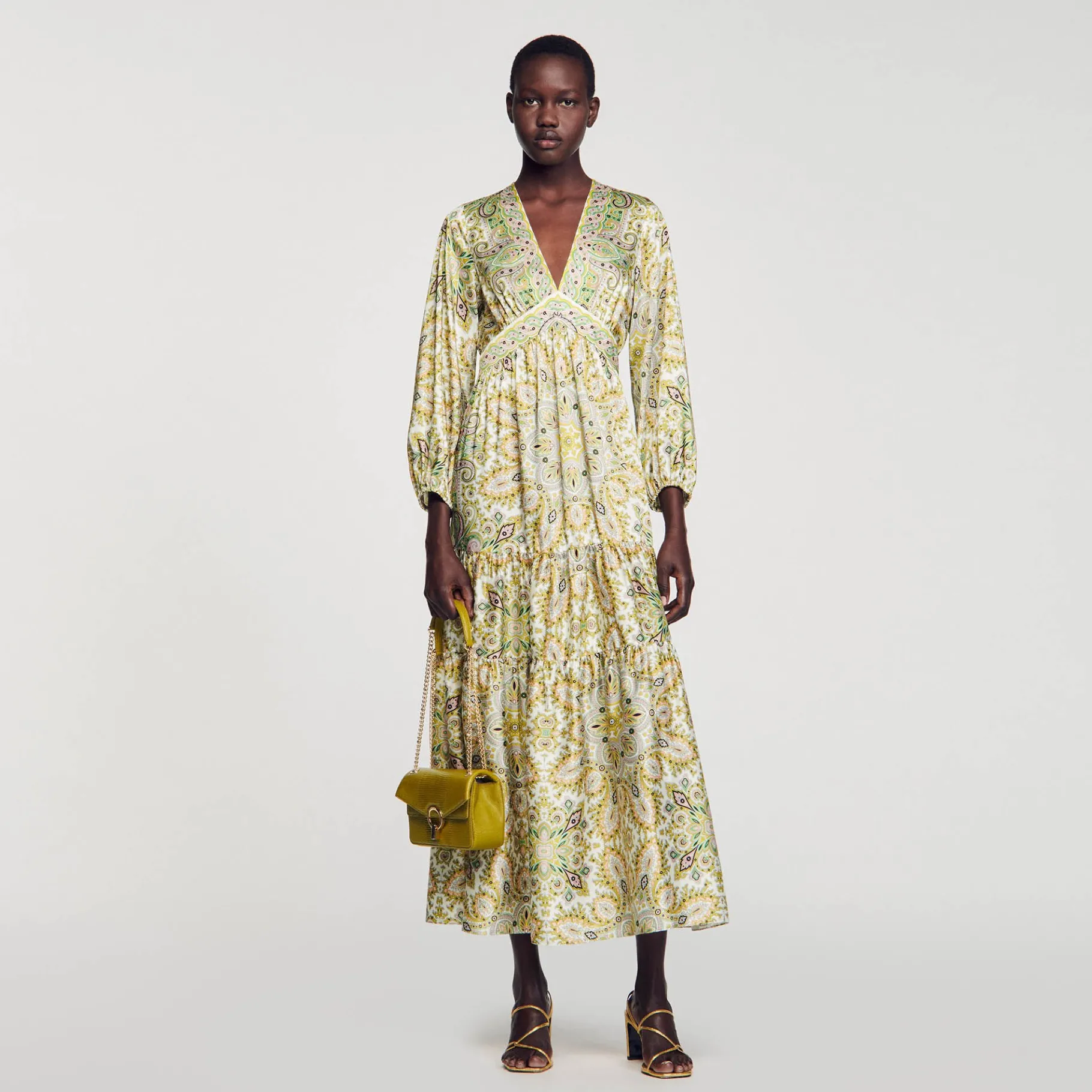 Cheap SANDRO Robe Longue à Imprimé Foulard Ecru / Vert