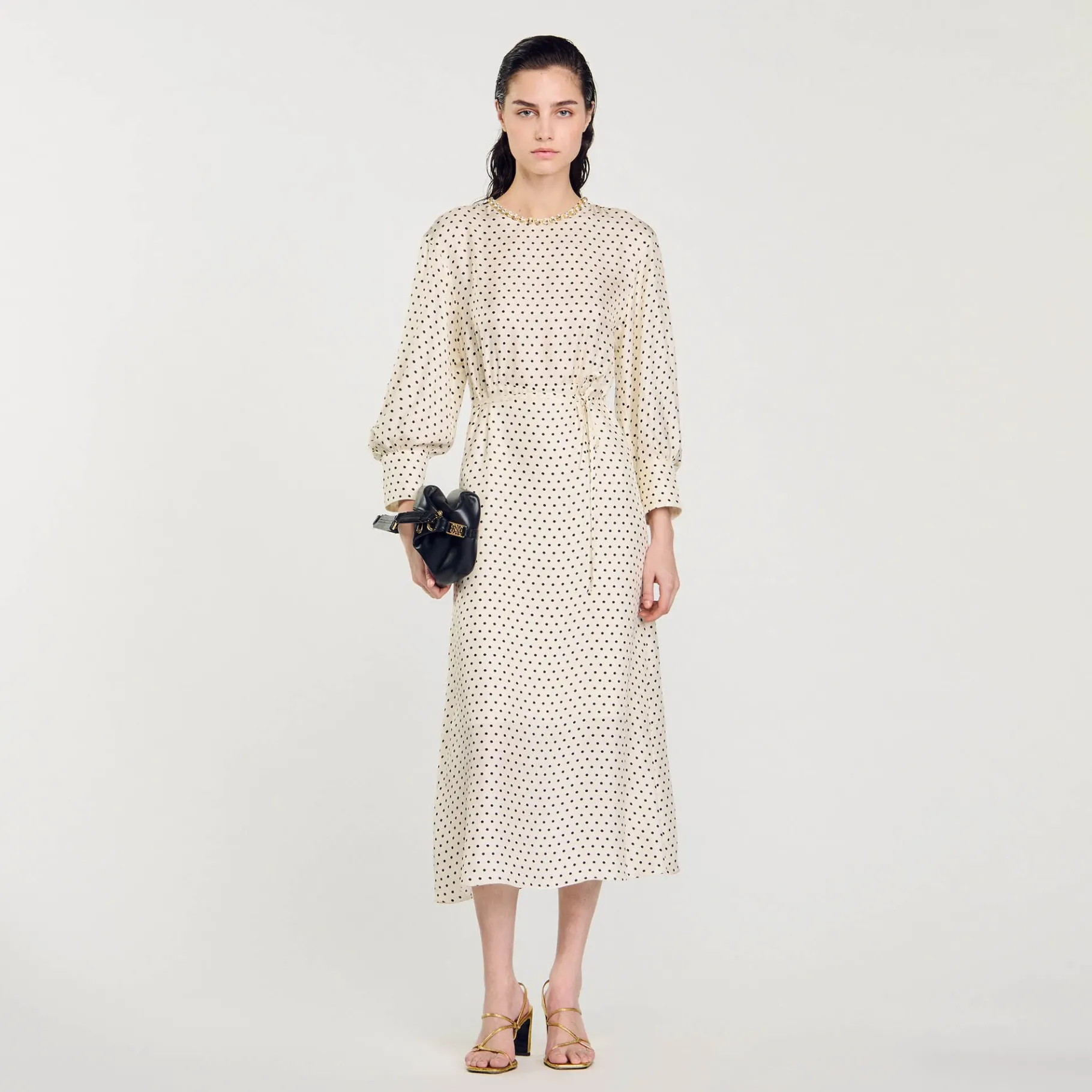 New SANDRO Robe Longue à Pois Ecru / Noir