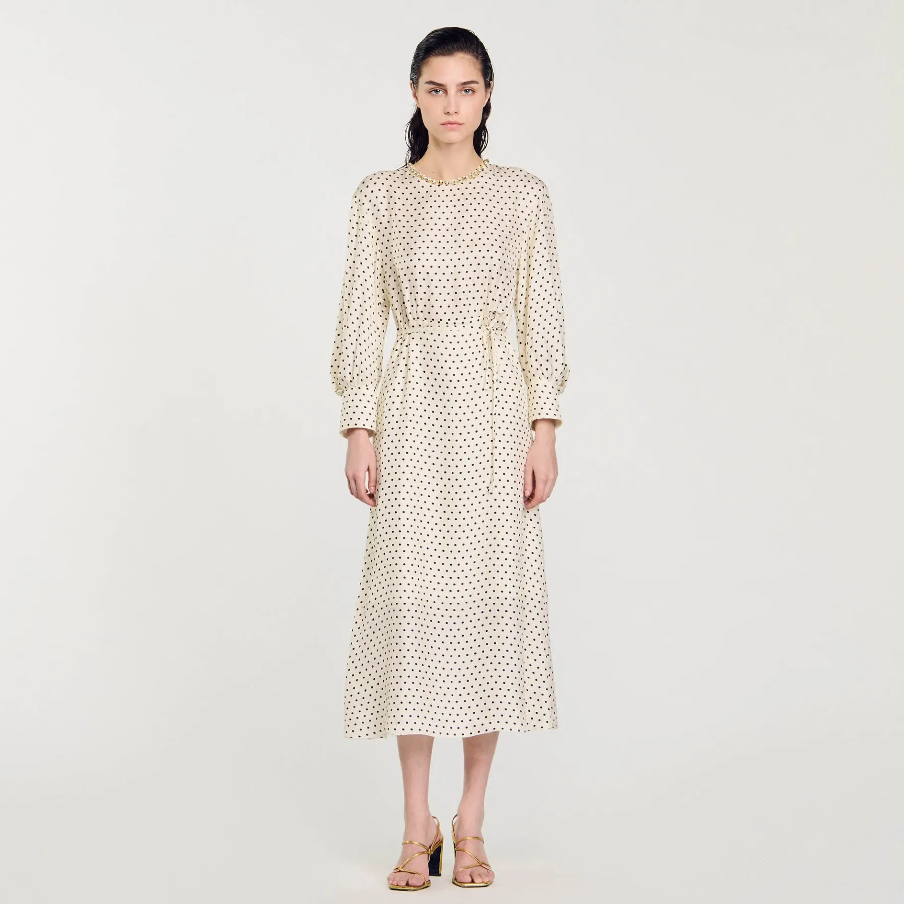 New SANDRO Robe Longue à Pois Ecru / Noir