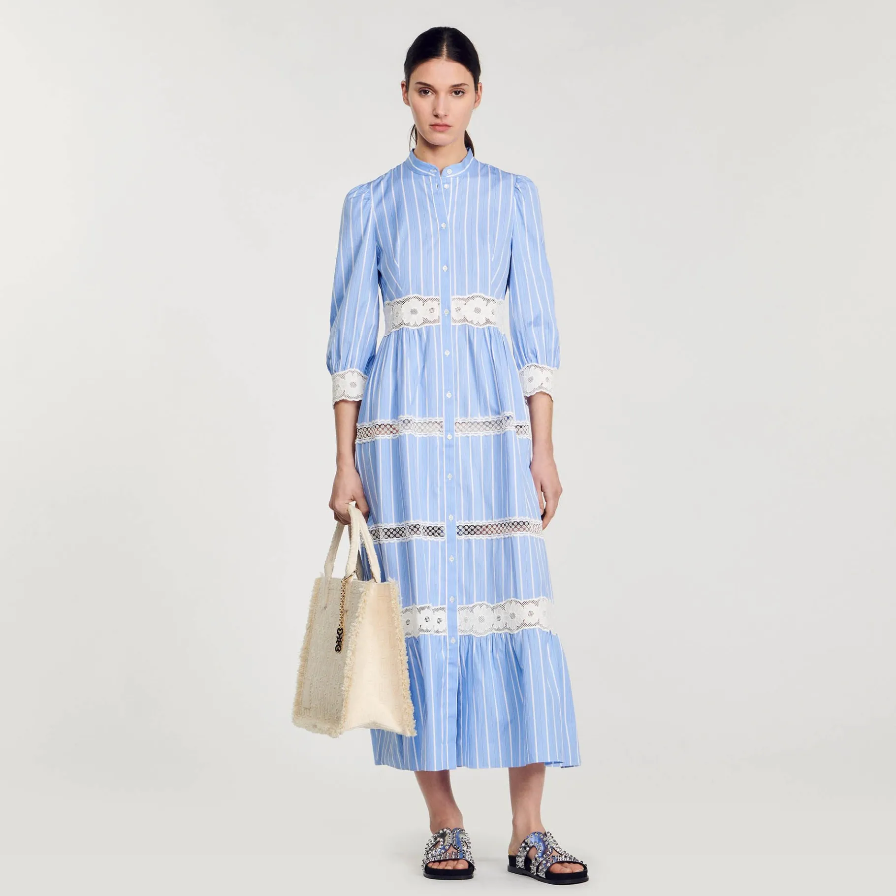Cheap SANDRO Robe Longue à Rayures En Coton Bleu / Blanc