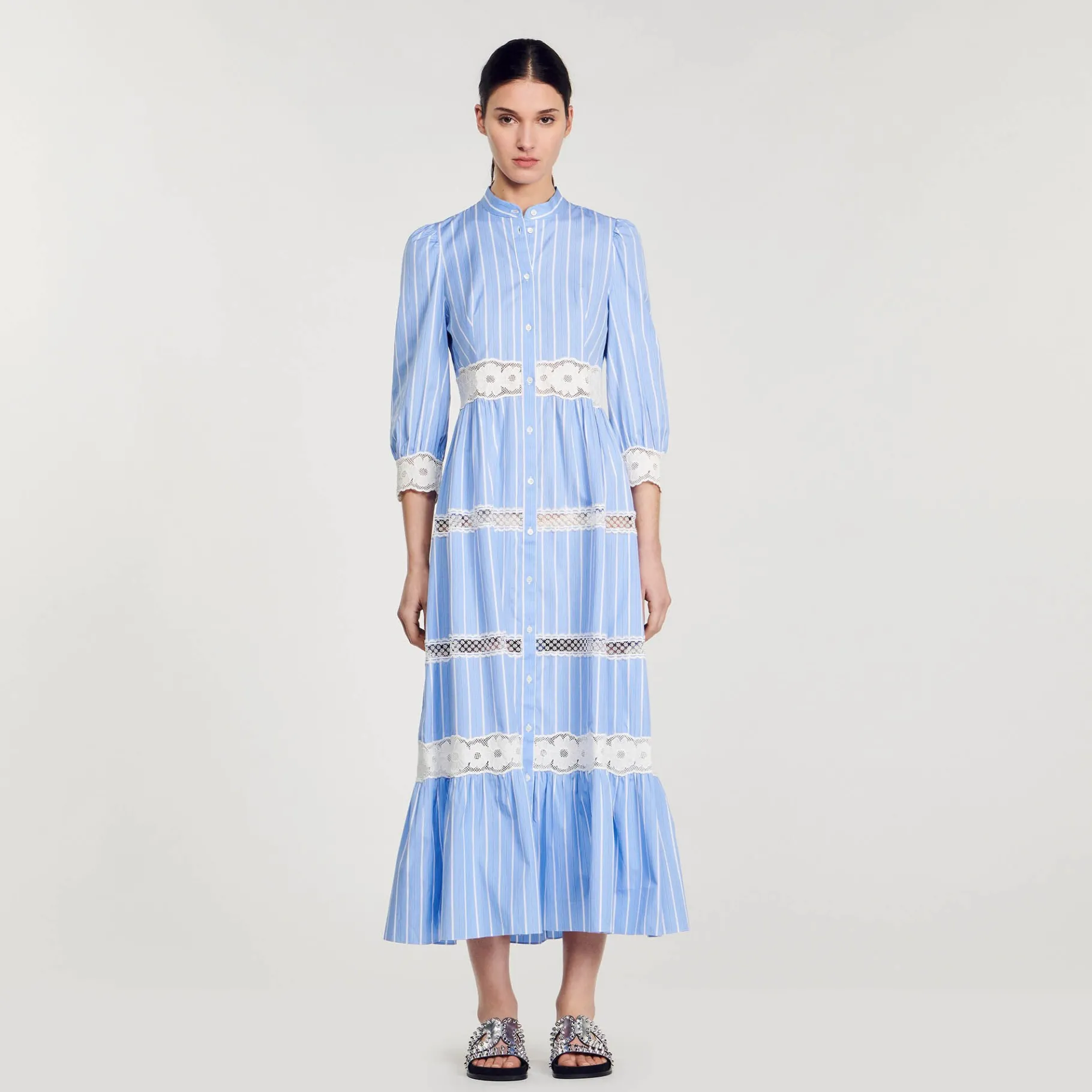 Cheap SANDRO Robe Longue à Rayures En Coton Bleu / Blanc