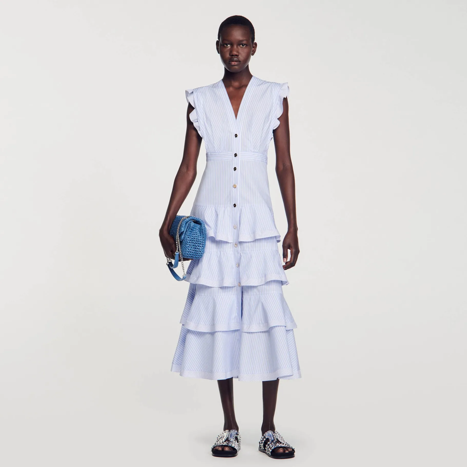 Store SANDRO Robe Longue à Volants Bleu / Blanc