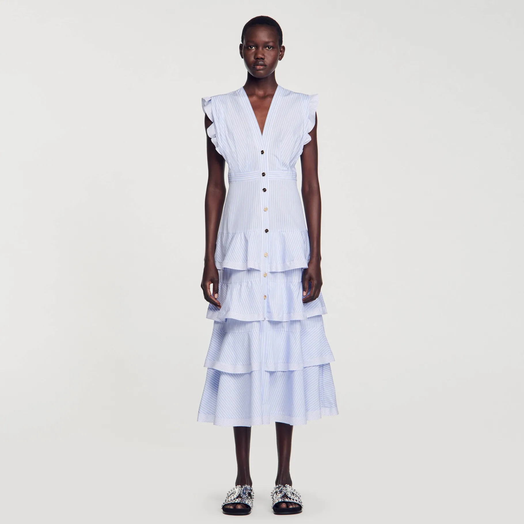 Store SANDRO Robe Longue à Volants Bleu / Blanc