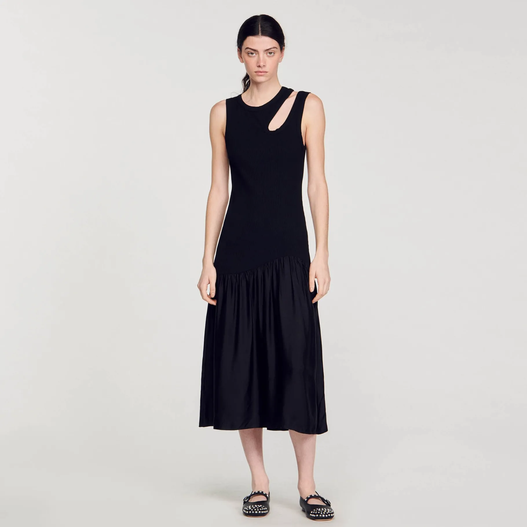 Shop SANDRO Robe Longue Bimatières Noir
