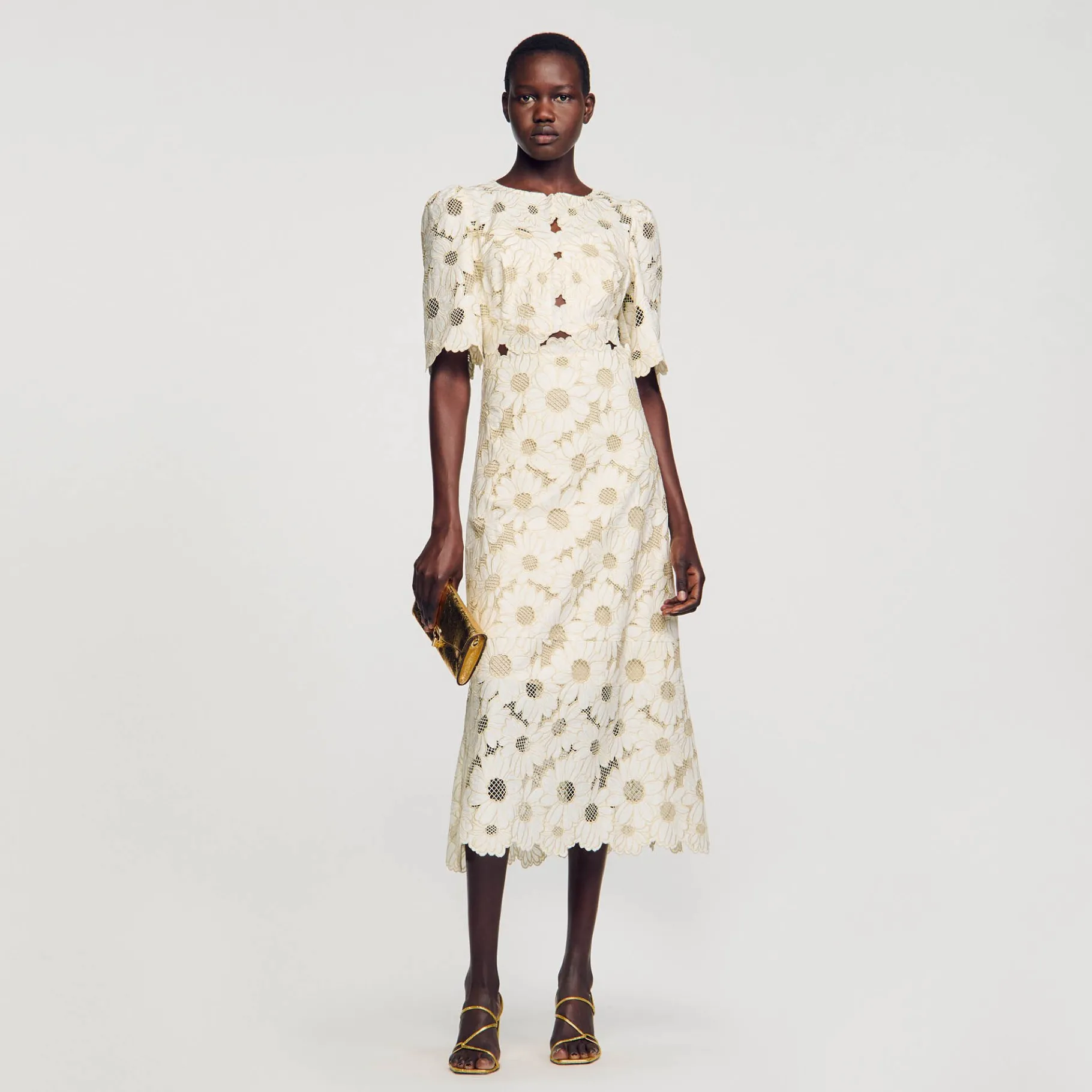 New SANDRO Robe Longue Brodée Ecru / Or
