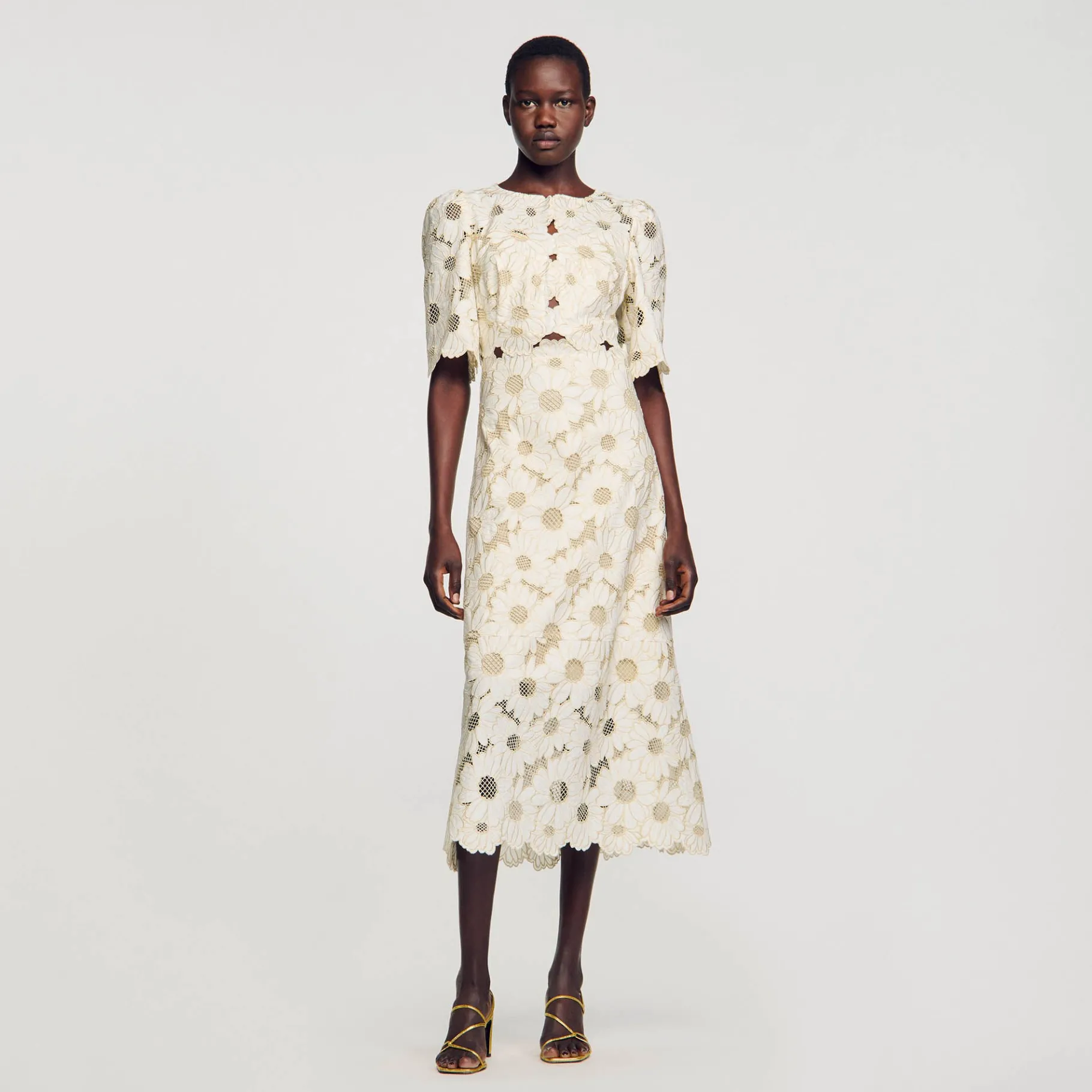 New SANDRO Robe Longue Brodée Ecru / Or