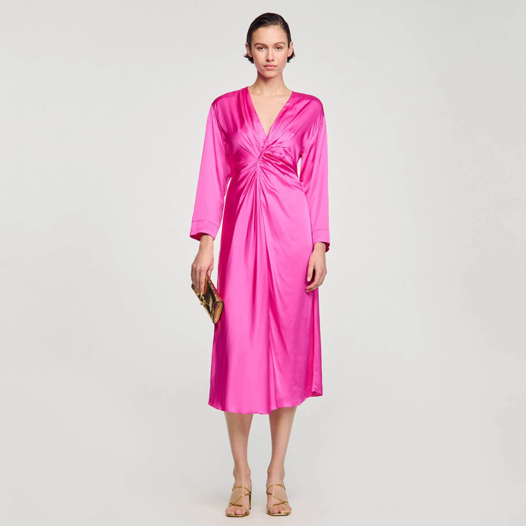 Store SANDRO Robe Longue Drapée Fushia