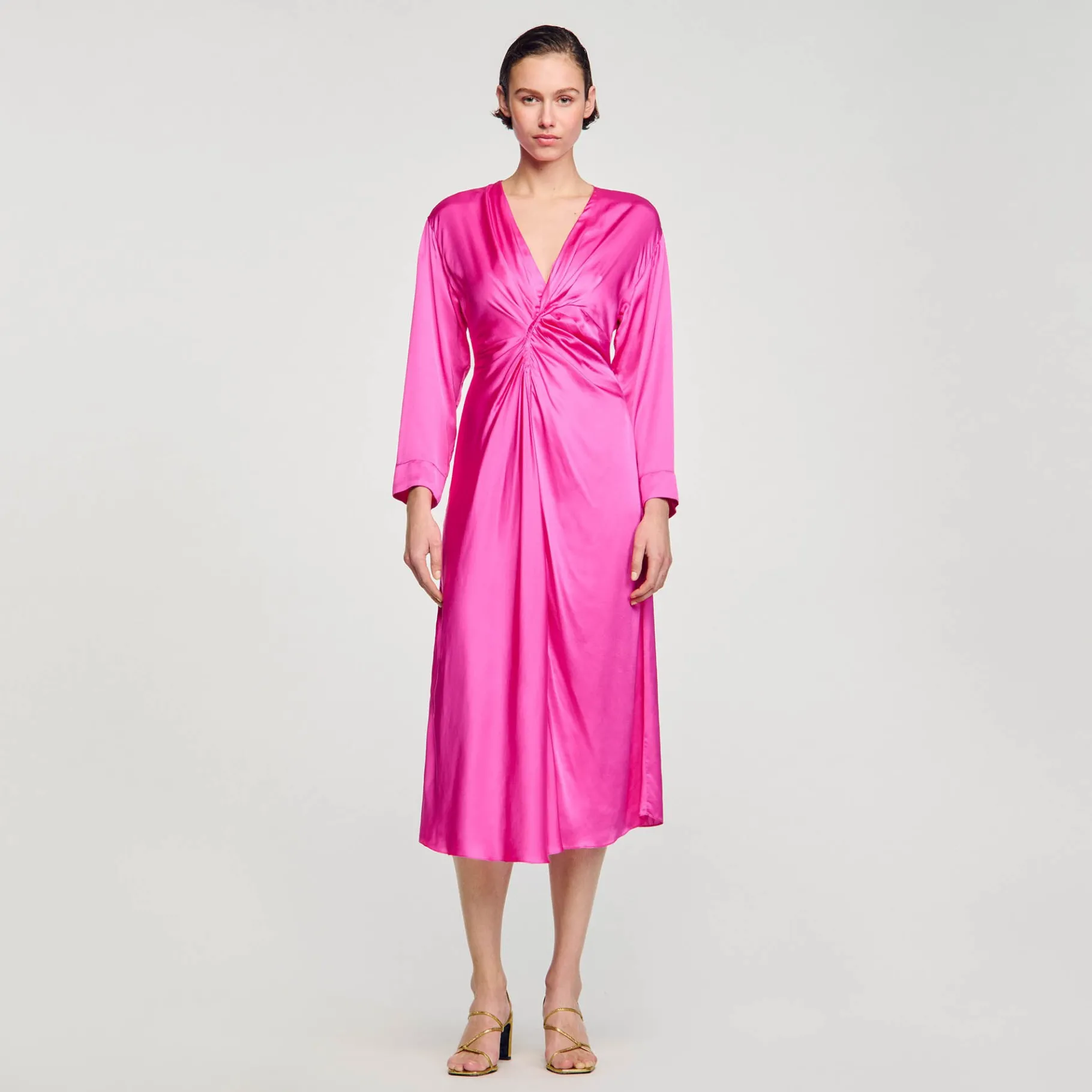 Store SANDRO Robe Longue Drapée Fushia
