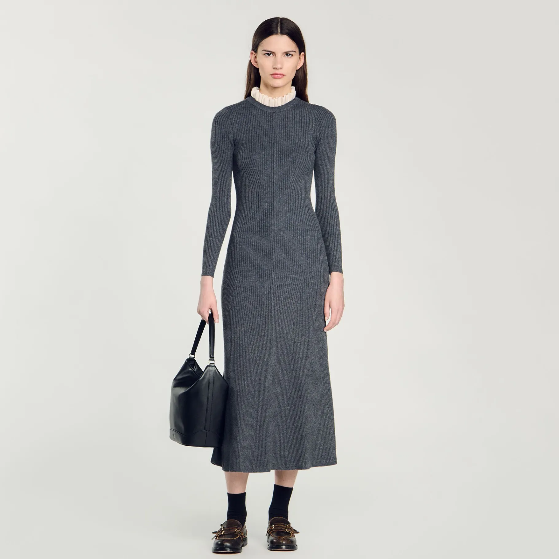 Fashion SANDRO Robe Longue En Maille Gris Foncé