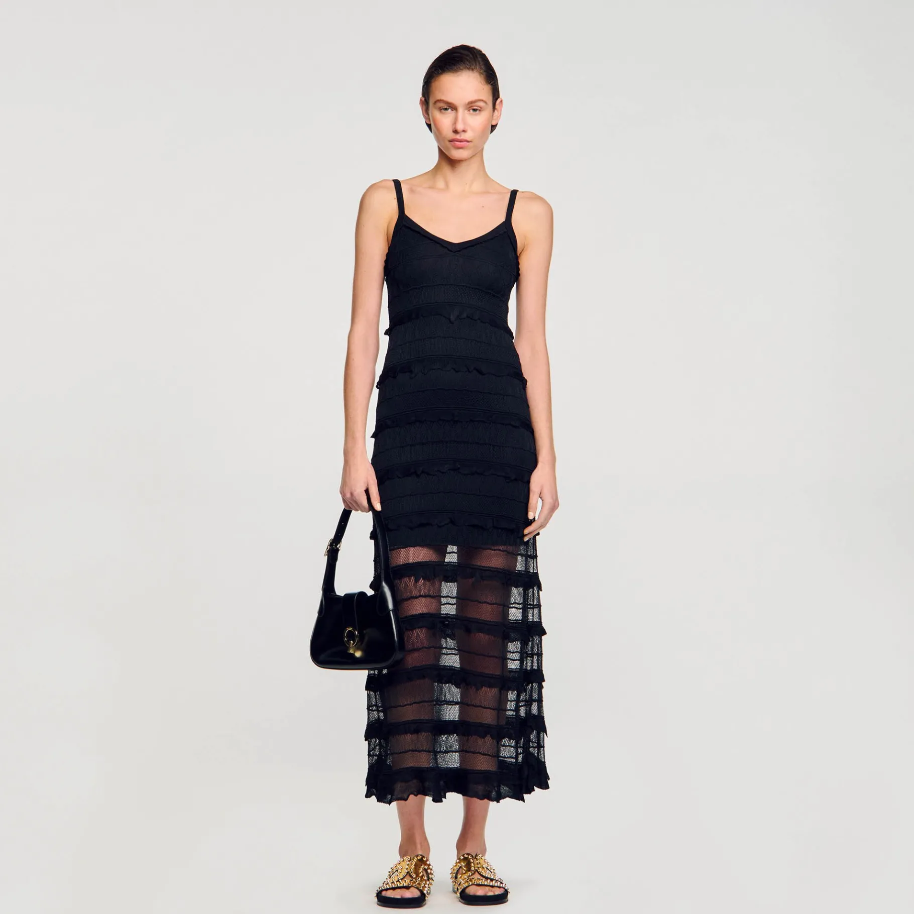 Fashion SANDRO Robe Longue En Maille Noir