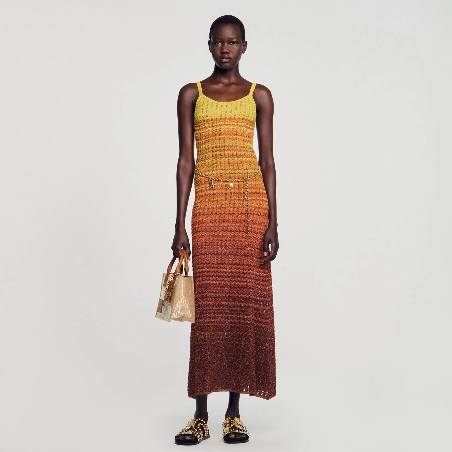 Flash Sale SANDRO Robe Longue En Maille Marron / Jaune