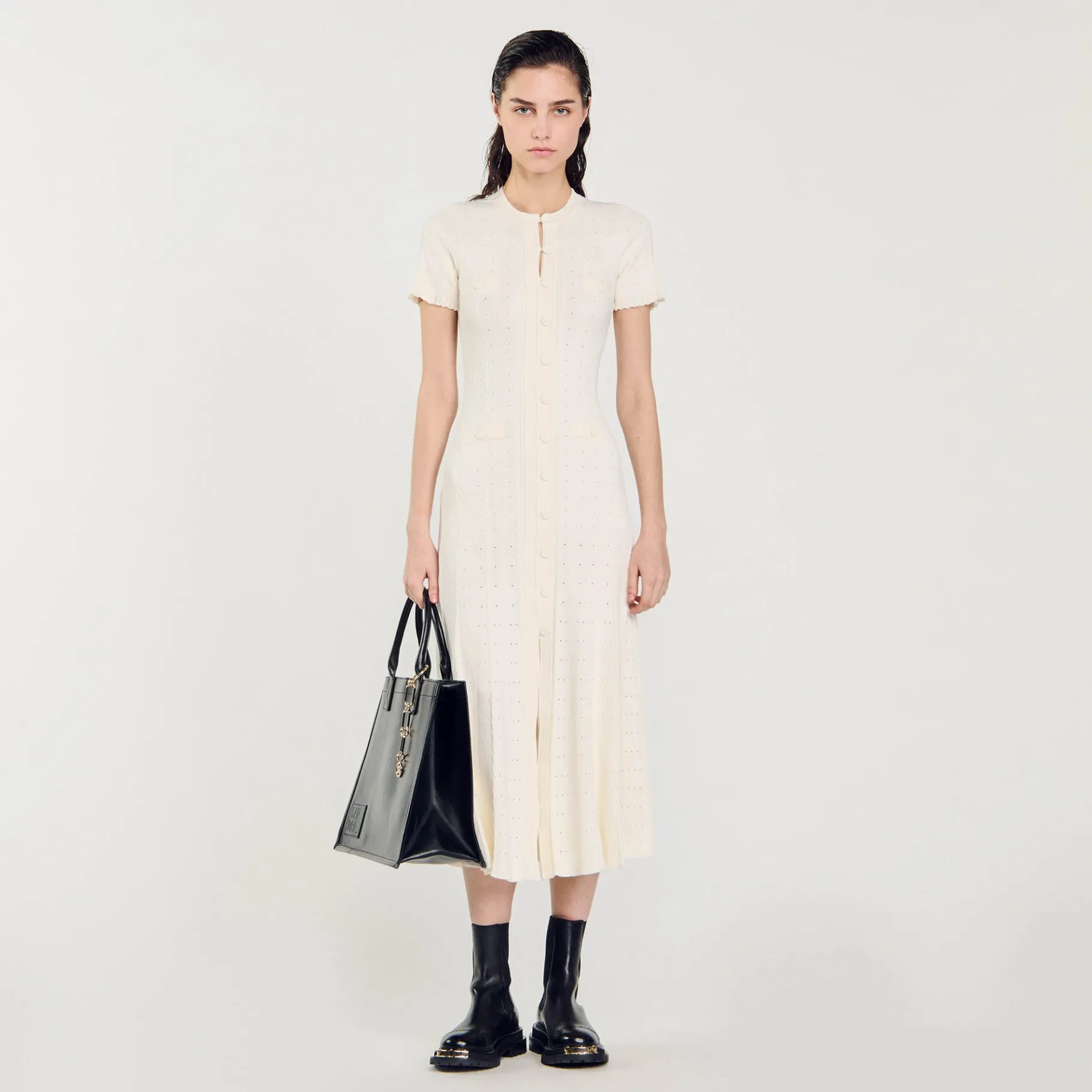 Best SANDRO Robe Longue En Maille Ecru