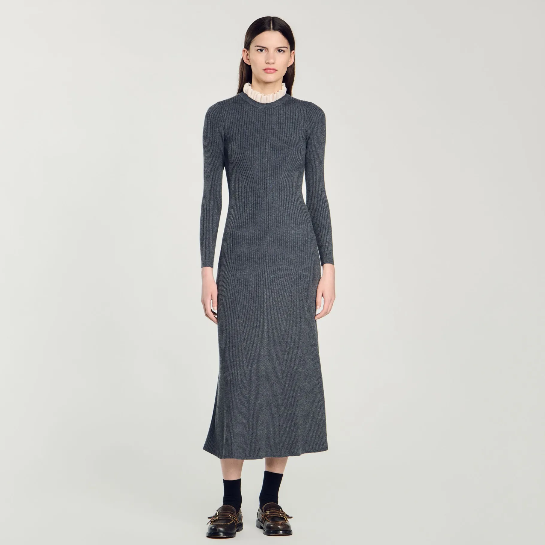 Fashion SANDRO Robe Longue En Maille Gris Foncé