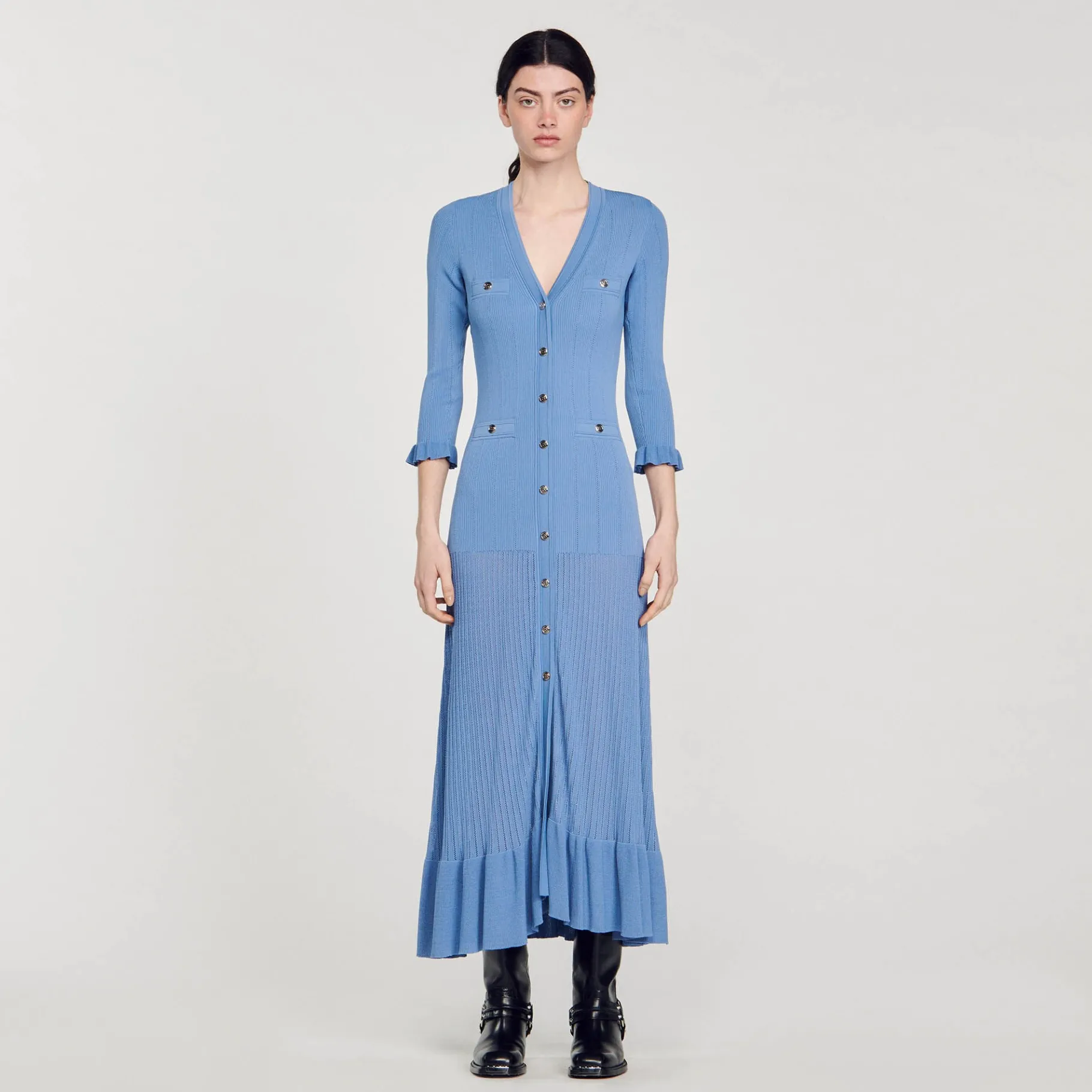 Discount SANDRO Robe Longue En Maille Bleu