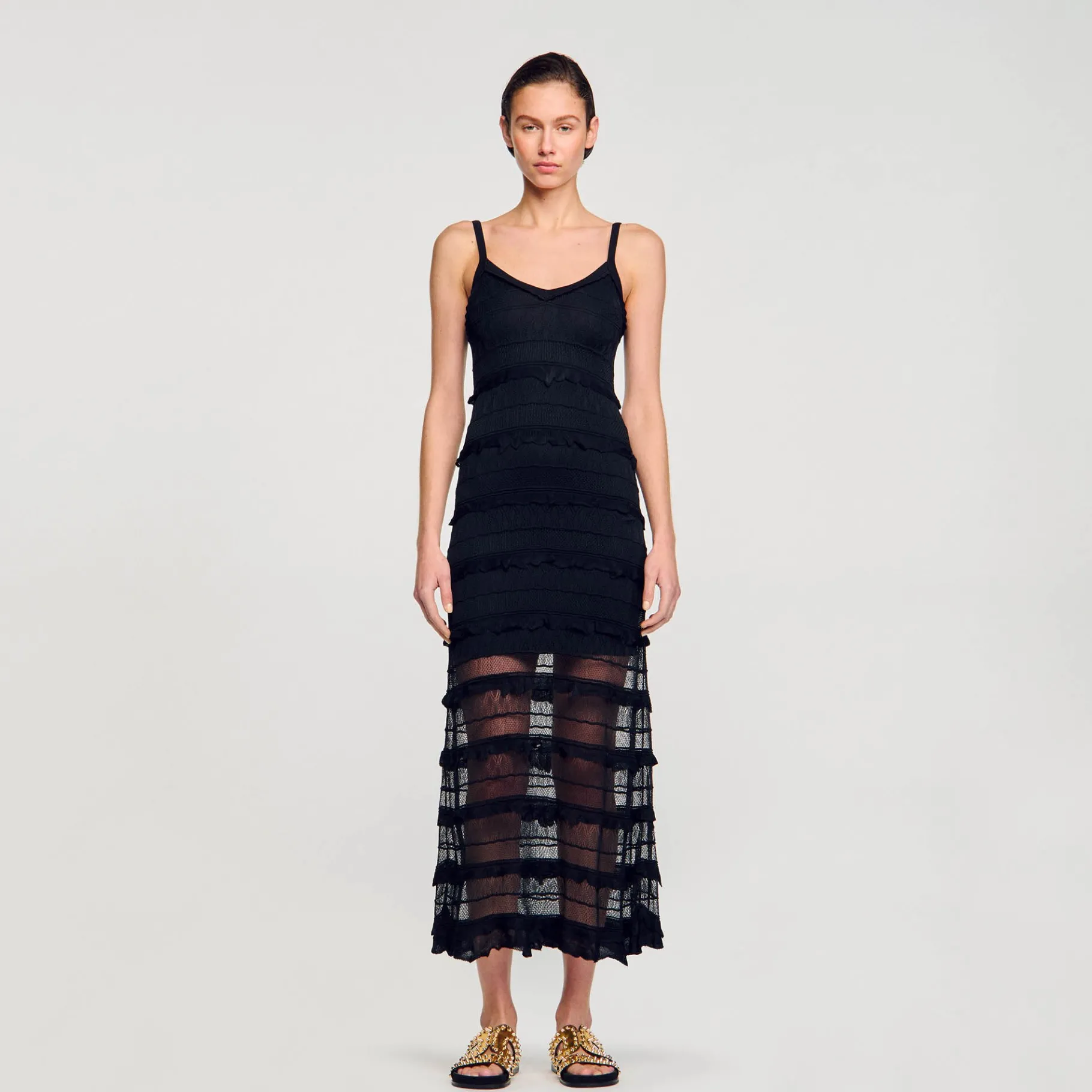 Fashion SANDRO Robe Longue En Maille Noir