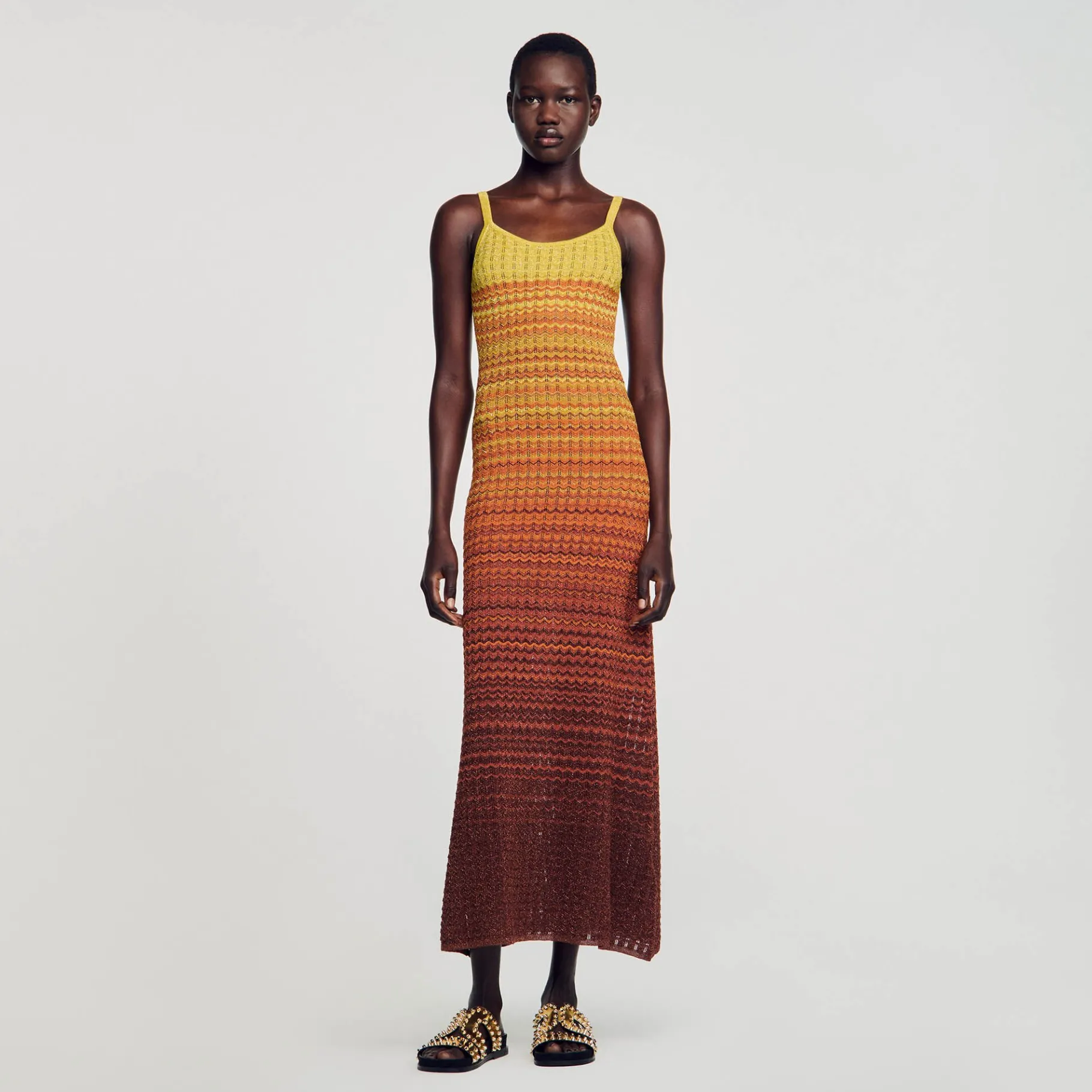 Flash Sale SANDRO Robe Longue En Maille Marron / Jaune
