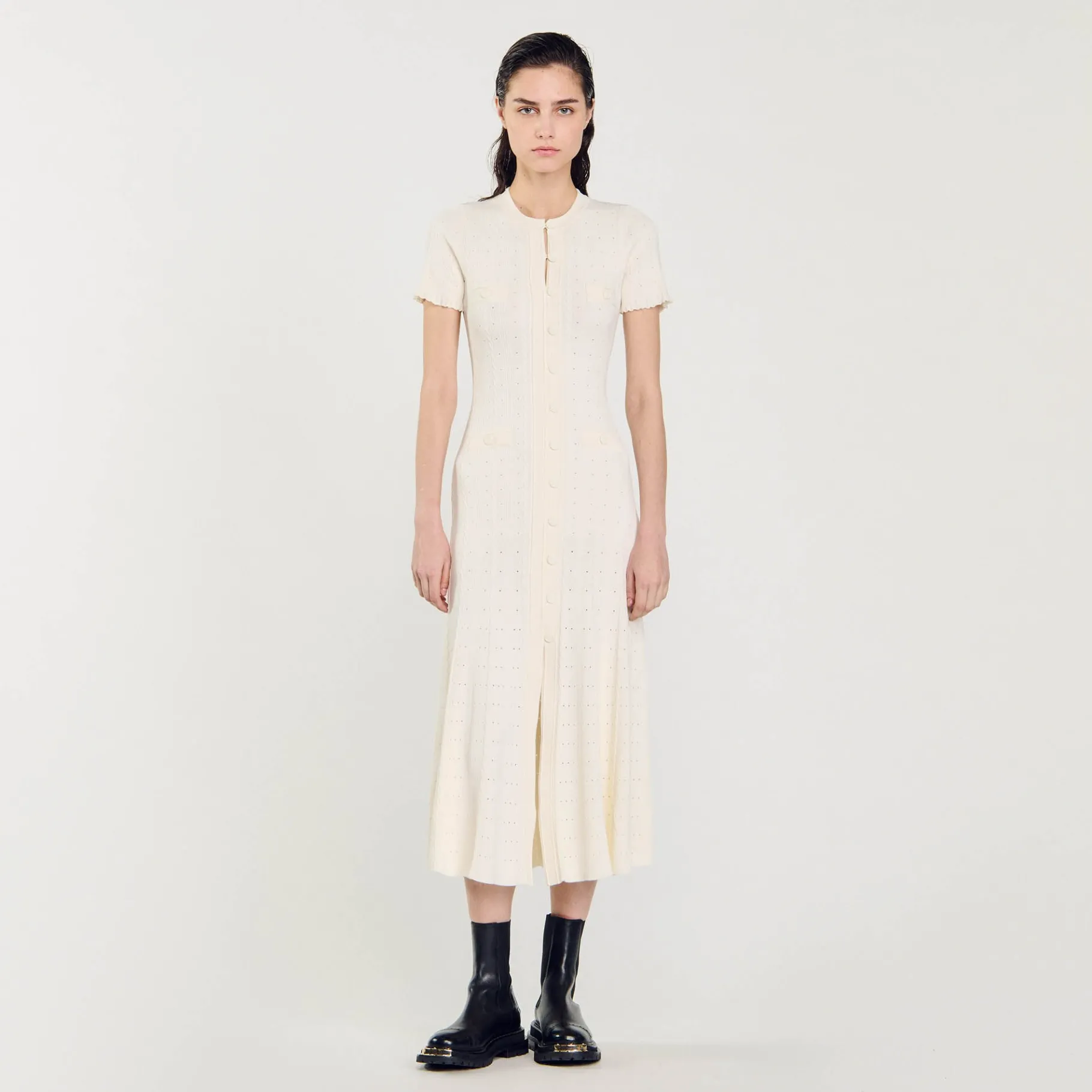 Best SANDRO Robe Longue En Maille Ecru