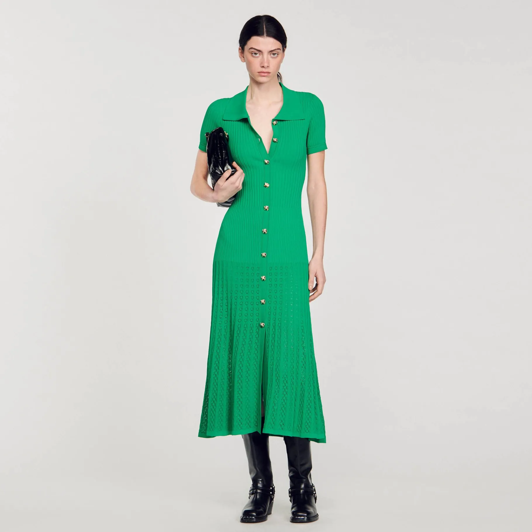Shop SANDRO Robe Longue En Maille Côtelée Vert