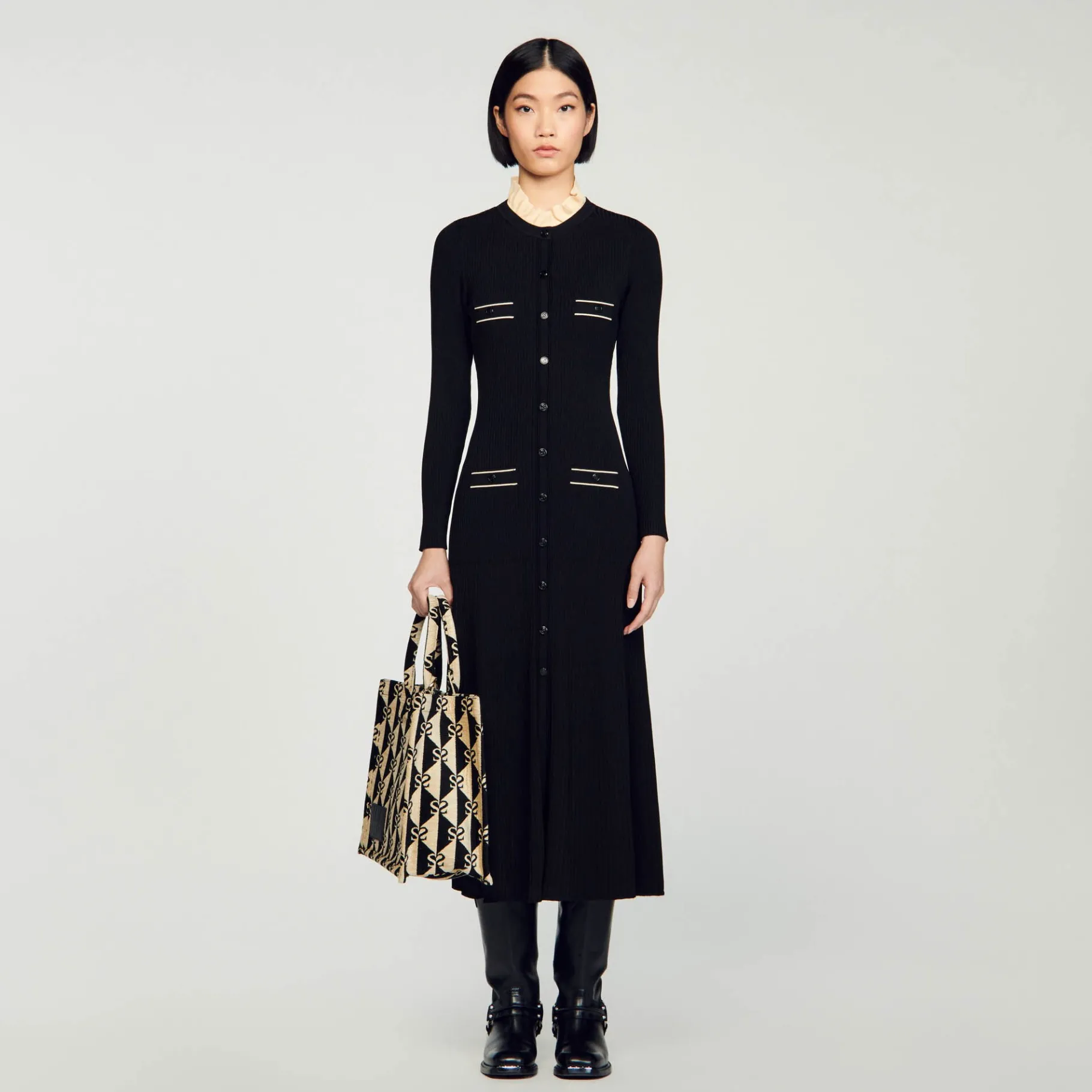Online SANDRO Robe Longue En Maille Côtelée Noir