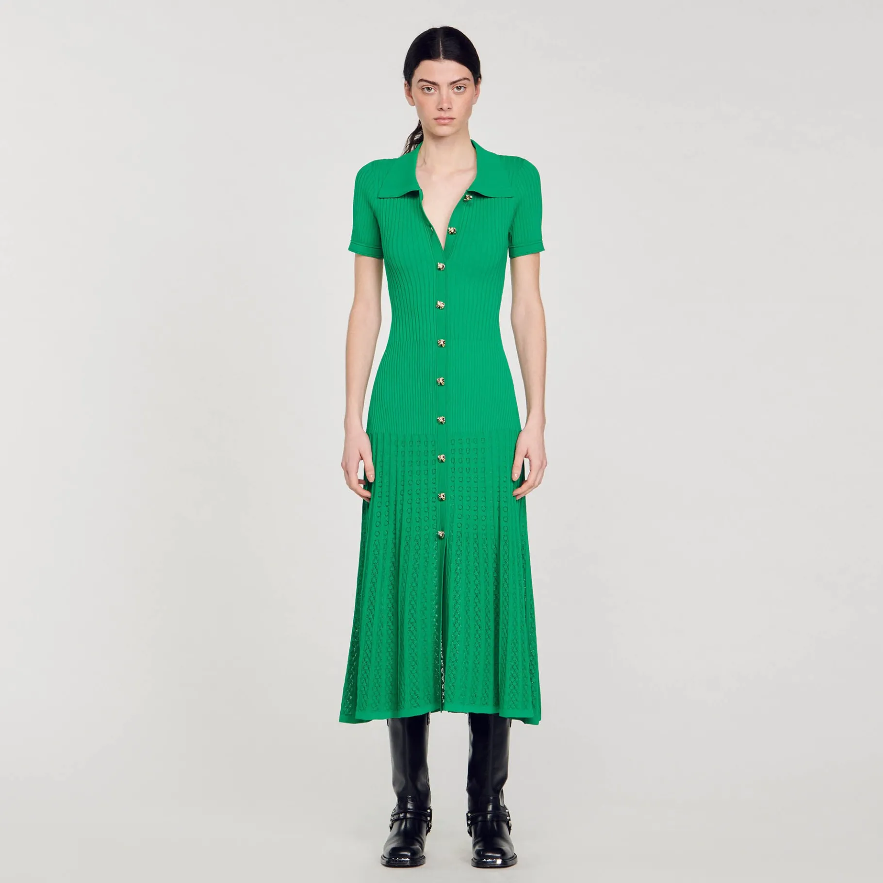 Shop SANDRO Robe Longue En Maille Côtelée Vert