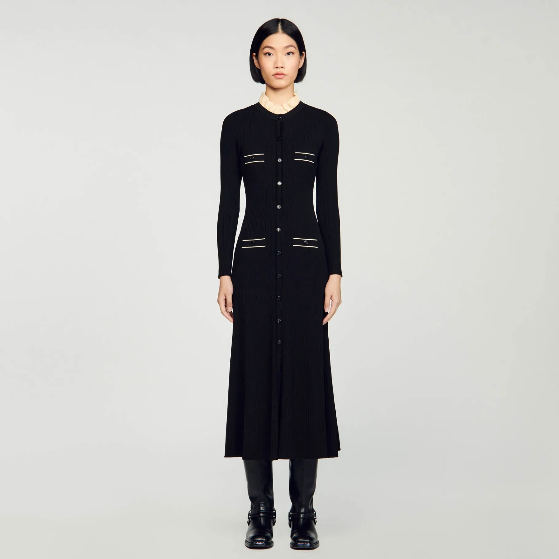 Online SANDRO Robe Longue En Maille Côtelée Noir