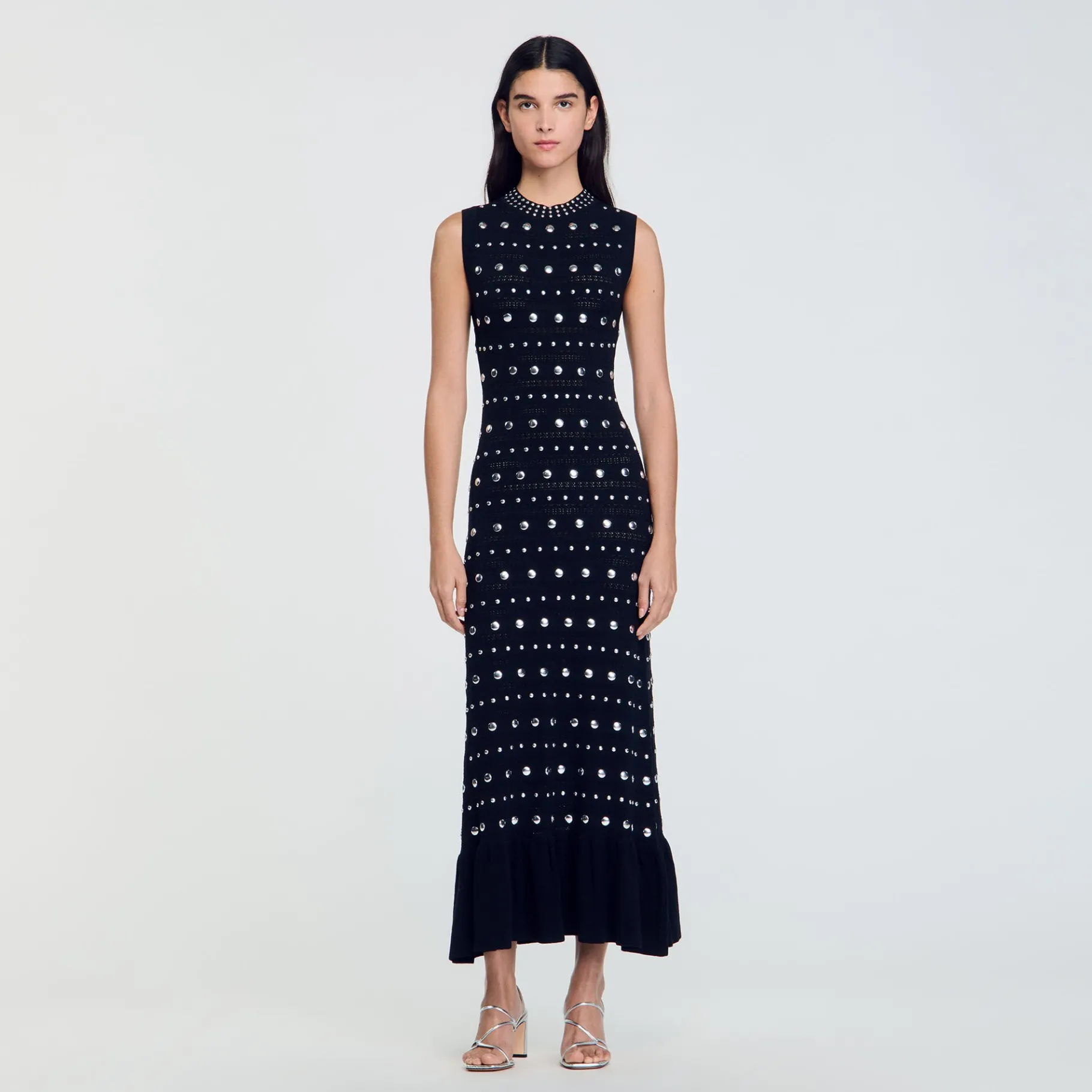 Outlet SANDRO Robe Longue En Maille Ornée De Studs Noir