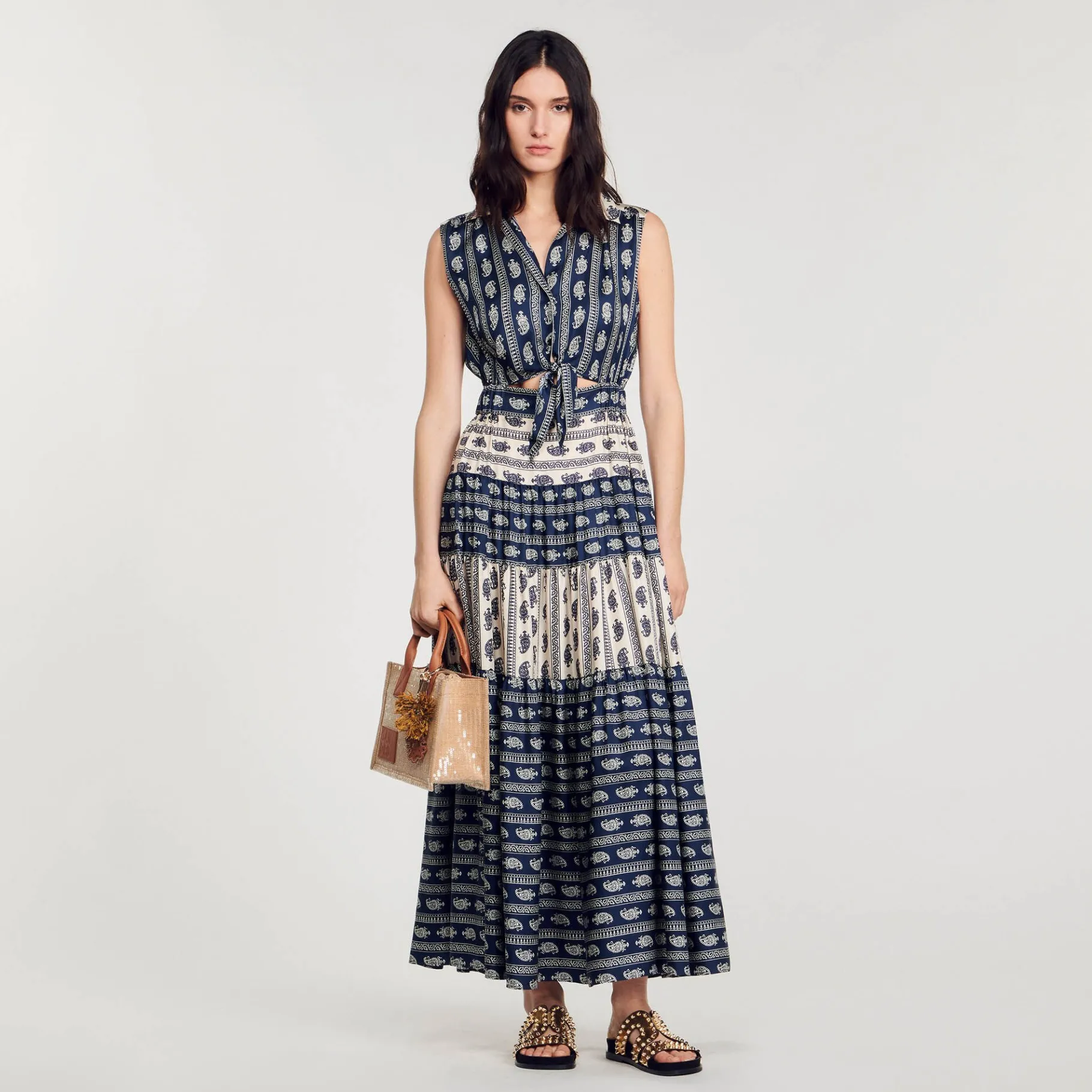 Fashion SANDRO Robe Longue Imprimé Paisley Marine / Beige